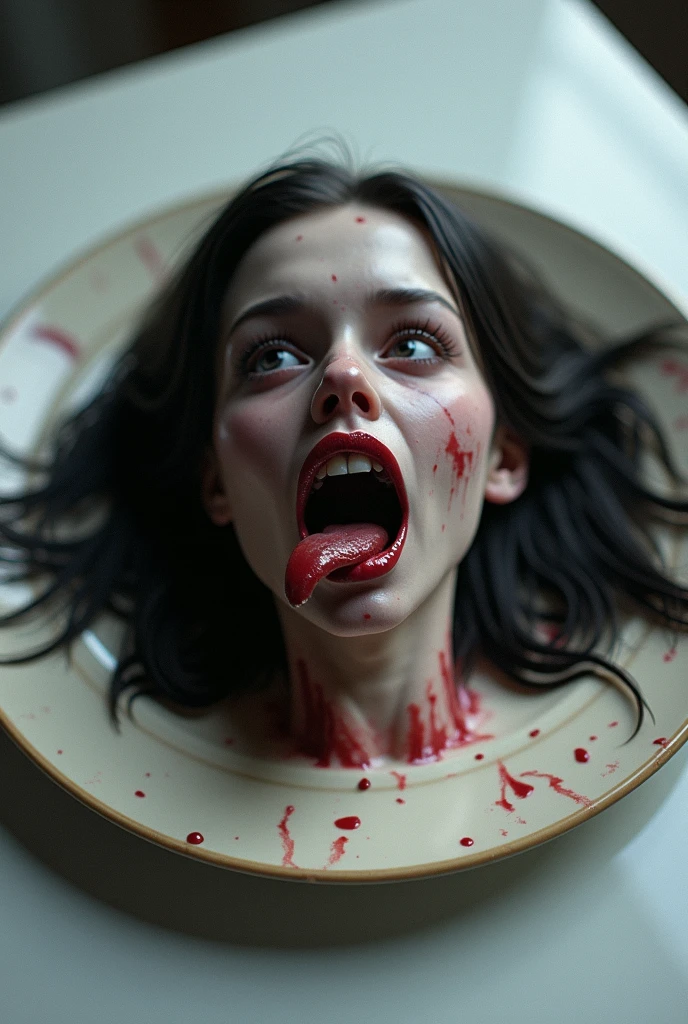 decapitated female head on a plate, covered in flesh, , ((eyes closed)), served like a food dish, bloody, photorealistic, 4K, Nikon, horror, ahegao face, 