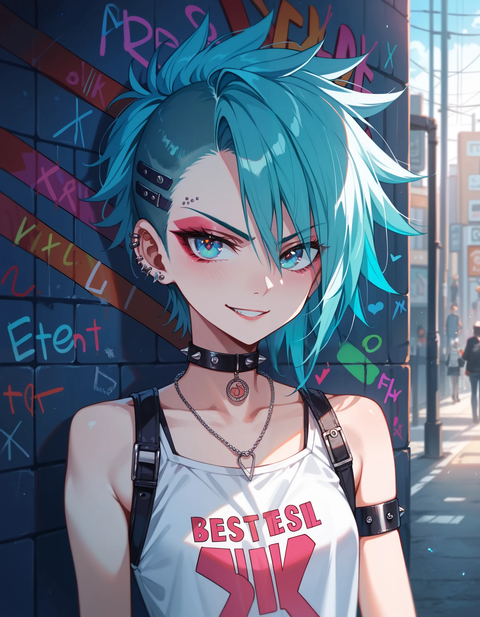 young girl, long turquoise hair, punk haircut, turquoise eyes, Scars, punk make-up, leather jacket, Burns, ripped clothes, madness, smirk, Masterpiece, highly quality