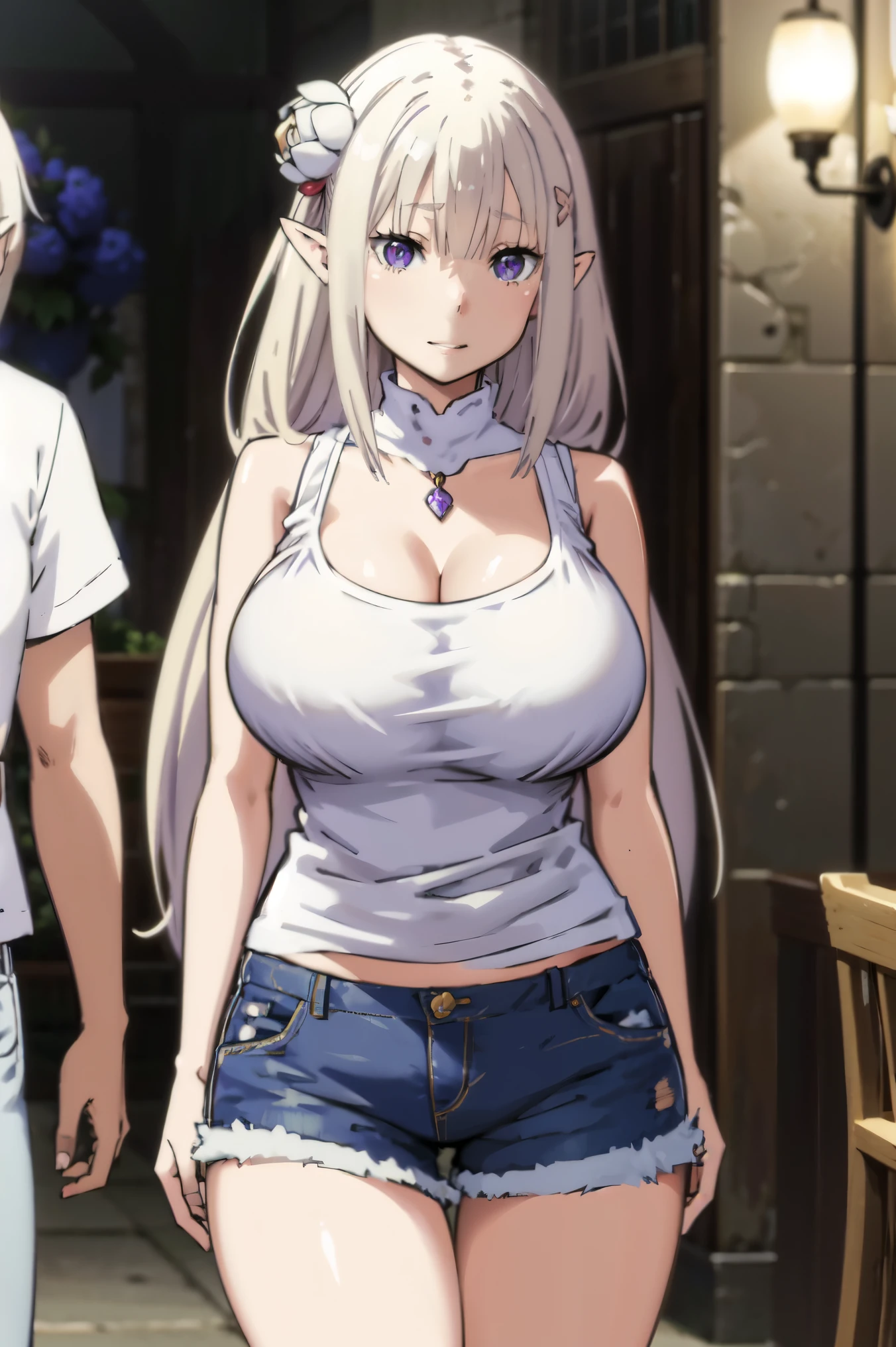 Blonde hair, big tits , ((white tank top, short pants jeans)), (((thick))), busty, purple eyes, elf ears, flower hairclip,  hairclip, long hair, silver hair, upperbody, smile, cleavage,legs, thigh, flower garden