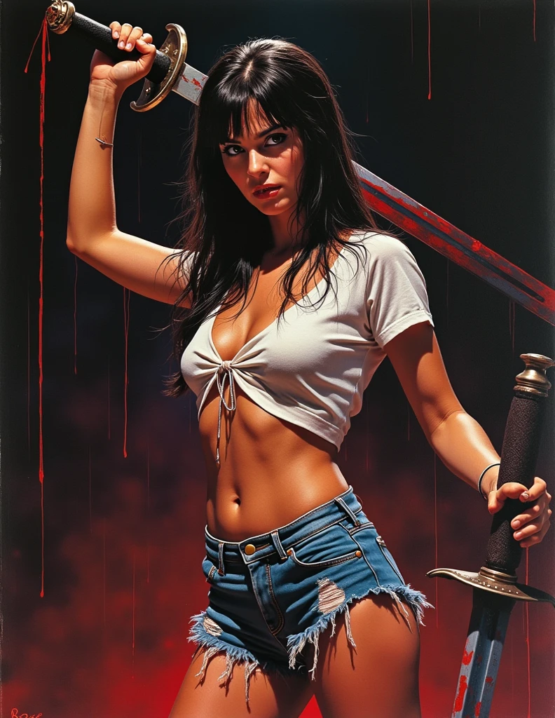 graphic novel illustration, photorealistic, full body of a beautiful young cowgirl, shoulder length black hair, nice black eyes, wearing a ripped leather vest and an unbuttoned white shirt, wearing unbuttoned jean shorts with a brown empty gunbelt and boots,  red ball gag, strappado, standing (legs apart), (spreader bar), wrist cuffs, ankle cuffs, full body, chained, arms up, thin, narrow waist, intricate details, cinematic lighting, amazing quality, amazing shading, dark lighting, detailed Illustration, wallpaper masterpiece, best quality, perfect hands, view from front, a barn in the old west background