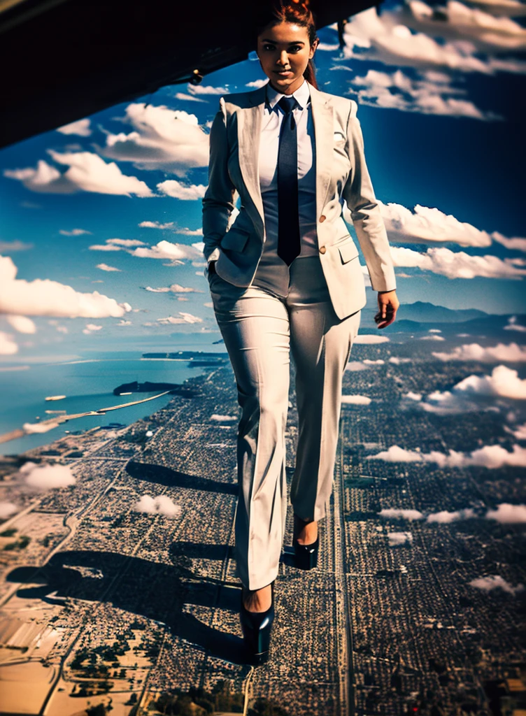 Giantess art, 100 miles tall bbw giantess in distance walking on countries, young women with beautiful curves, massive thighs, ginger hair, lipstick, wearing a perfect form-fitting light grey pinstripe trouser suit and blazer, crisp white shirt with large spread collar, large blade width Windsor knot red tie, with massive breasts. She is wearing platform high heels and standing on a miniature city, with massive cities no bigger than her feet, smiling with her huge breasts. This image is highly detailed, photorealistic, best quality, a masterpiece, with cinematic lighting, ultra-detailed, long ponytail hair with front bangs, high altitude photography, satellite view, a curvy figure, heaving bosom, legs, a stepping on mulitple mega city,, destruction, buildings, roads, a cloudy, overcast, hazy atmosphere, and wispy clouds. Seen from space