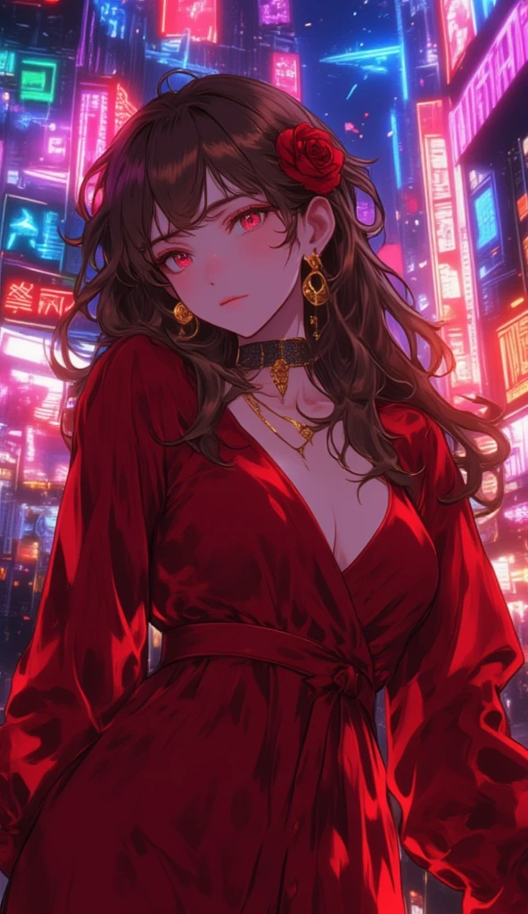 (extremely detailed CG unit 8k wallpaper, masterpiece, best quality, ultra-detailed), (best lighting, best shadow), 45 year old Spanish woman, mature, square face, wearing 1 red rose on necklace neck, wearing longsleeve dress with red, golden earrings, features like a maria padilla, (highly detailed skin: 1.2), medium brown loose hair with lights, ne0nfant4sy, anime style, red eyes, long loose hair
