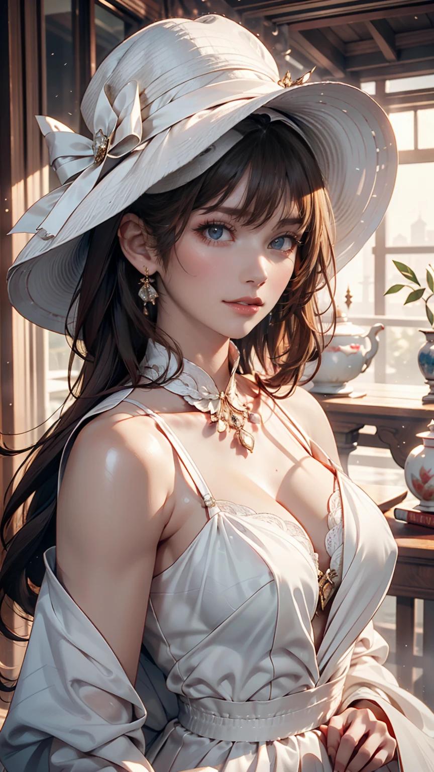 1girl, bust shot, detailed face, looking at viewer, detailed hair, curly hair, full lips, detailed eyes, intricate jewelry hat, blush, detailed skin, shoulder, drapped dress, sideboob, (gigantic breasts:1.2), soft lighting, (realistic, photorealistic), masterpiece, highest quality, hazel eyes, black hair, earrings, parted lips, smile, art nouveau, strapless,