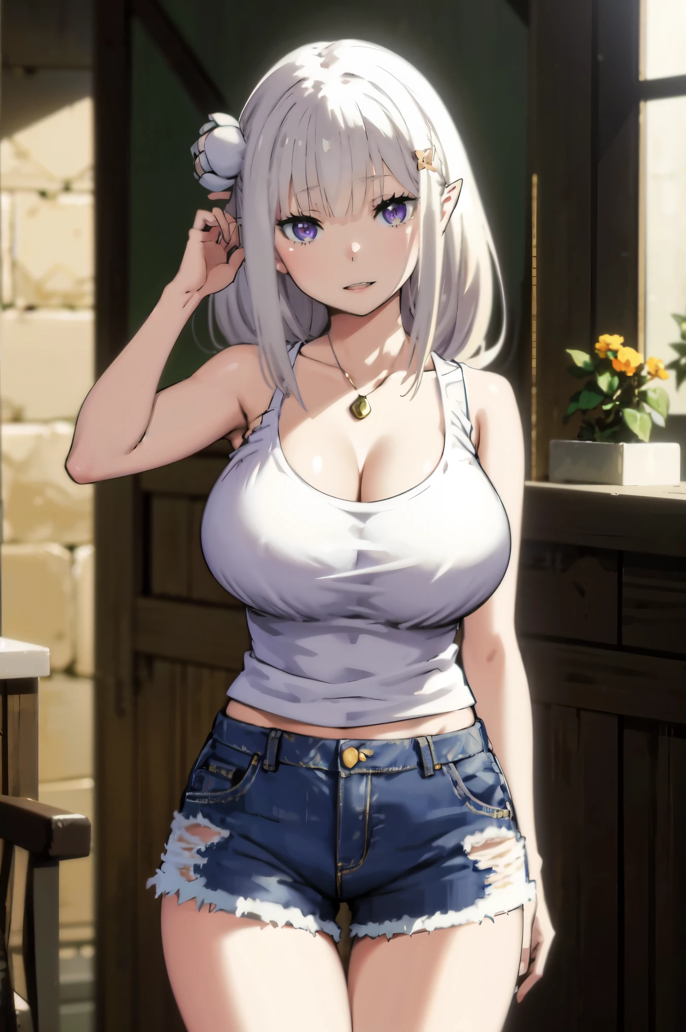 Blonde hair, big tits , ((white tank top, short pants jeans)), (((thick))), busty, purple eyes, elf ears, flower hairclip,  hairclip, long hair, silver hair, upperbody, smile, cleavage,legs, thigh, flower garden