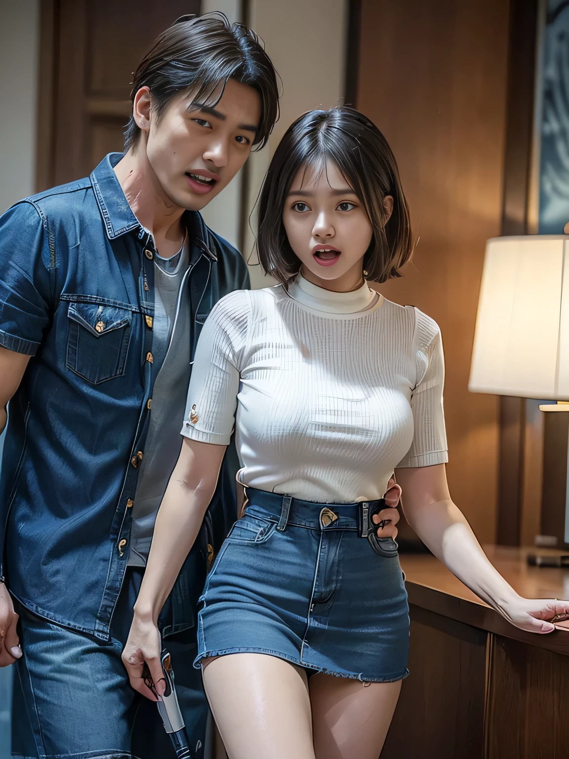1girl, (Blue Eyes), fear expression, (Sana Minatozaki), wide hips, Big Boobs, big ass, (Best Quality, 8k, Masterpiece: 1.3), Clear Focus: 1.2, Perfect Body Beauty: 1.4 , Slender Abs: 1.2, Highly detailed face and skin texture, detailed eyes, double eyelids, (blonde long hair), (cleavage tanktop), (denim shorts), alley detailed scenario, standing insanely hot, (old small man penetrating the ass 1girl from behind :1.2), (((old small man pressing his chest on 1girl back))) and (((holding her waist behind her))), nsfw