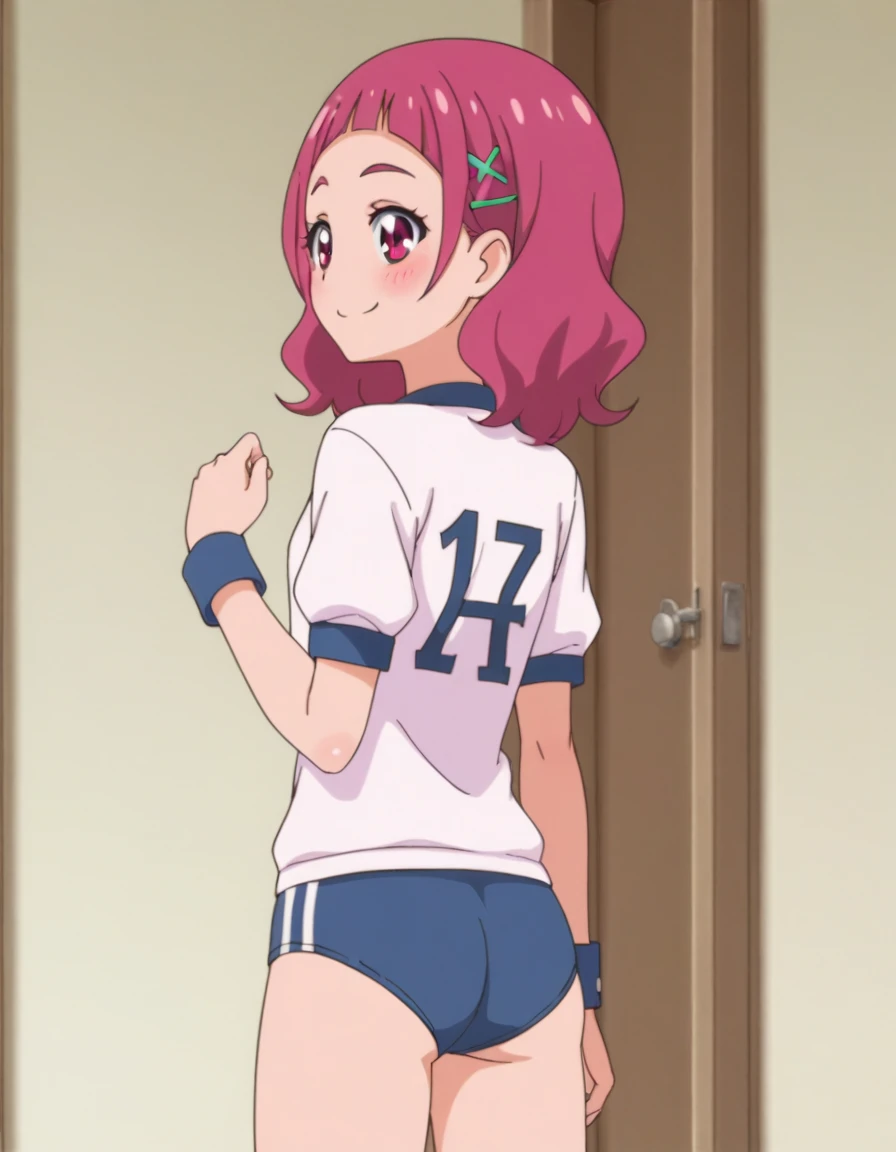 tennis girl in tight mini virgin killer sweater, panty, wearing oven mittens tucked in pockets, blindfold