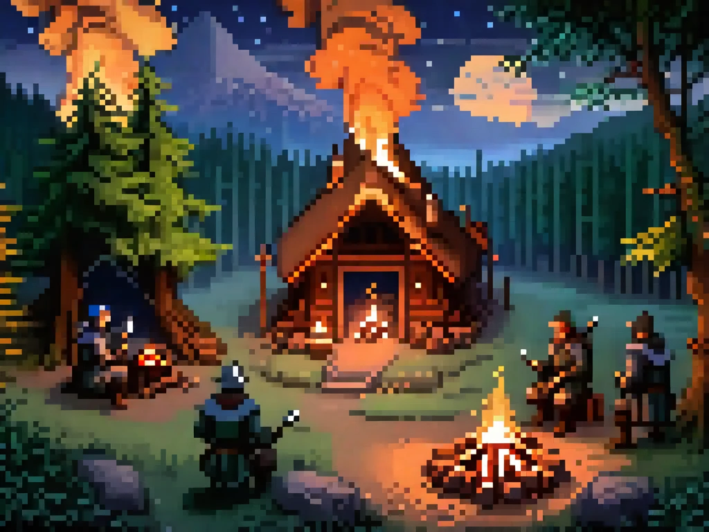 The image is a pixel art illustration of a group of people gathered around a campfire in a forest at night. The campfire is burning brightly in the center of the image, with a large orange glow emanating from it. The people are dressed in medieval-style clothing and are holding various weapons, including swords, spears, and shields. They are standing in front of a mountain range with a full moon in the background. The trees surrounding the campfire are tall and green, and the sky is dark with stars twinkling in the distance. The overall mood of the scene is peaceful and serene.

