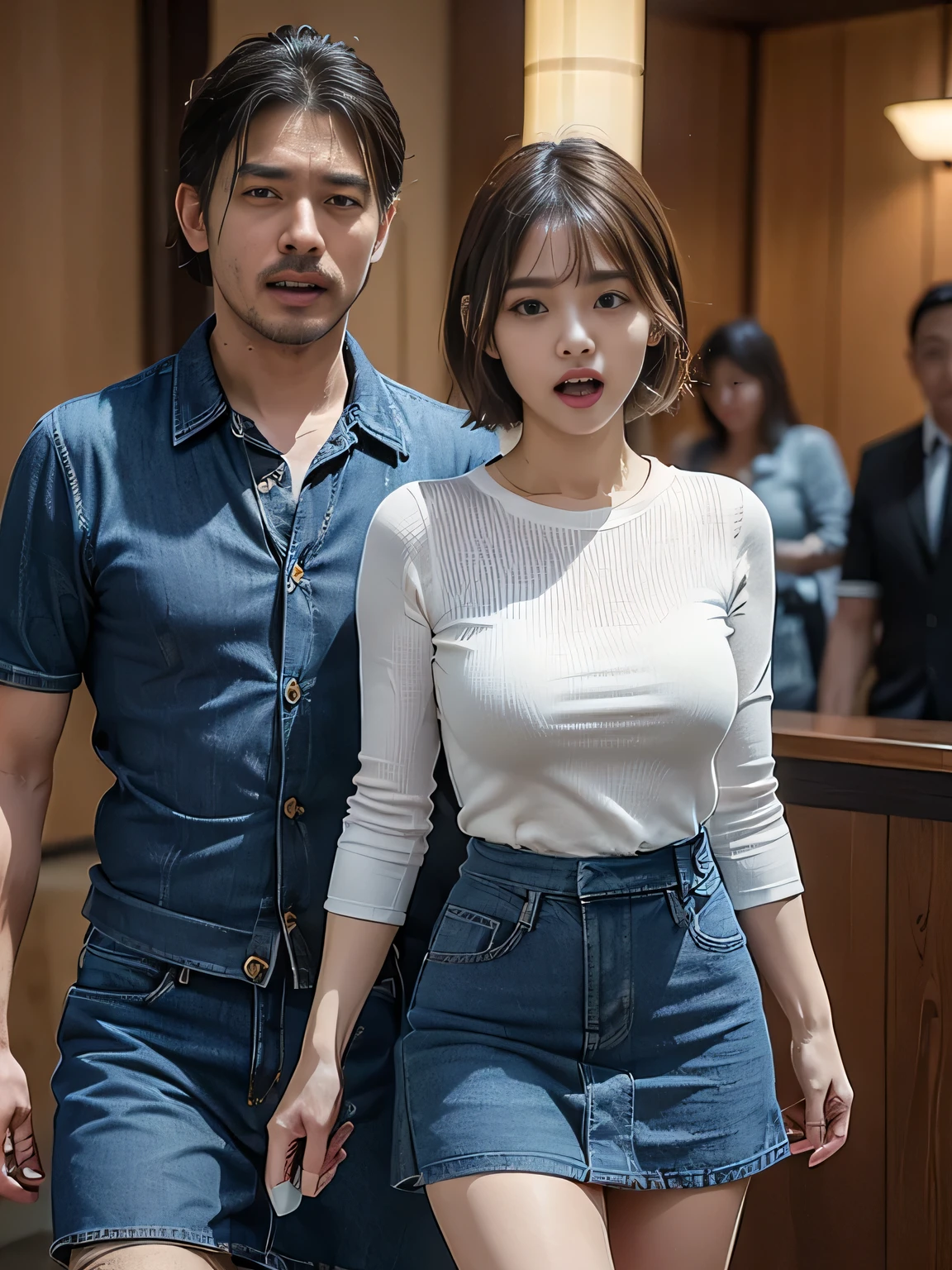(8K、Raw photography、top-quality、masuter piece:1.2)、ultra-detailliert、ultra res、(realisitic、rialistic photo:1.37)、portlate、high-definition RAW color photography、Professional Photography、highly detailed and beautiful、ighly detailed、8K Picture Wallpaper、amazing detailed、huge filesize、Official art、Highly detailed CG Unity 8K wallpapers、highly detailed beautiful girl、extra detailed face、extremely detailed eye、highlydetailed skin、extremely detailed fingers、highly detailed nose、very detailed detailed mouth、Perfect Anatomy、细致背景、Detailed clothing、女の子1人、(20:1.2)、in her 20s、Cute little girl s、Realistic body、小柄、de pele branca、glistning skin、Slim body、A dark-haired、((short-hair))、((bobhair))、(bluntbangs: 1.2)、kawaii、kawaii faces、Lifelike face、Delicate eyes、Sauce order、((White short-sleeved shirt))、((no-bra))、((Ultra Black Mini Skirt:1.3))、((Plain feet))、((FULL BODYSHOT))、耳Nipple Ring、Looking at the camera、cowboy  shot、standing athletic pose、Contrapo、动态照明、((Firm D-cup milk))、((The train crowded several men))、((A man puts his hand on her chest from behind、Talking in her ear))、((Another man picks her up on his lap))、((She puts her hand on the man's crotch))、Big ass breasts until waiting to be put on、(White swooping open shirt:1.3)、Old man leaning on his back and picking her up、Poses variadas、((Stick your butt out))、((Sad look))、