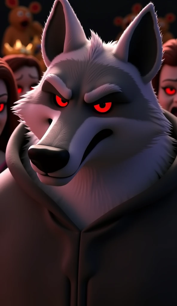 Death wolf alone in a Disney amusement park, a bunch of scared retarded people, wearing the standard outfit from the movie Puss in Boots two the Last Wish, red eyes, angry and impatient looking at the viewer serious expression Ultimate realistic 3D Unreal Engine 9,