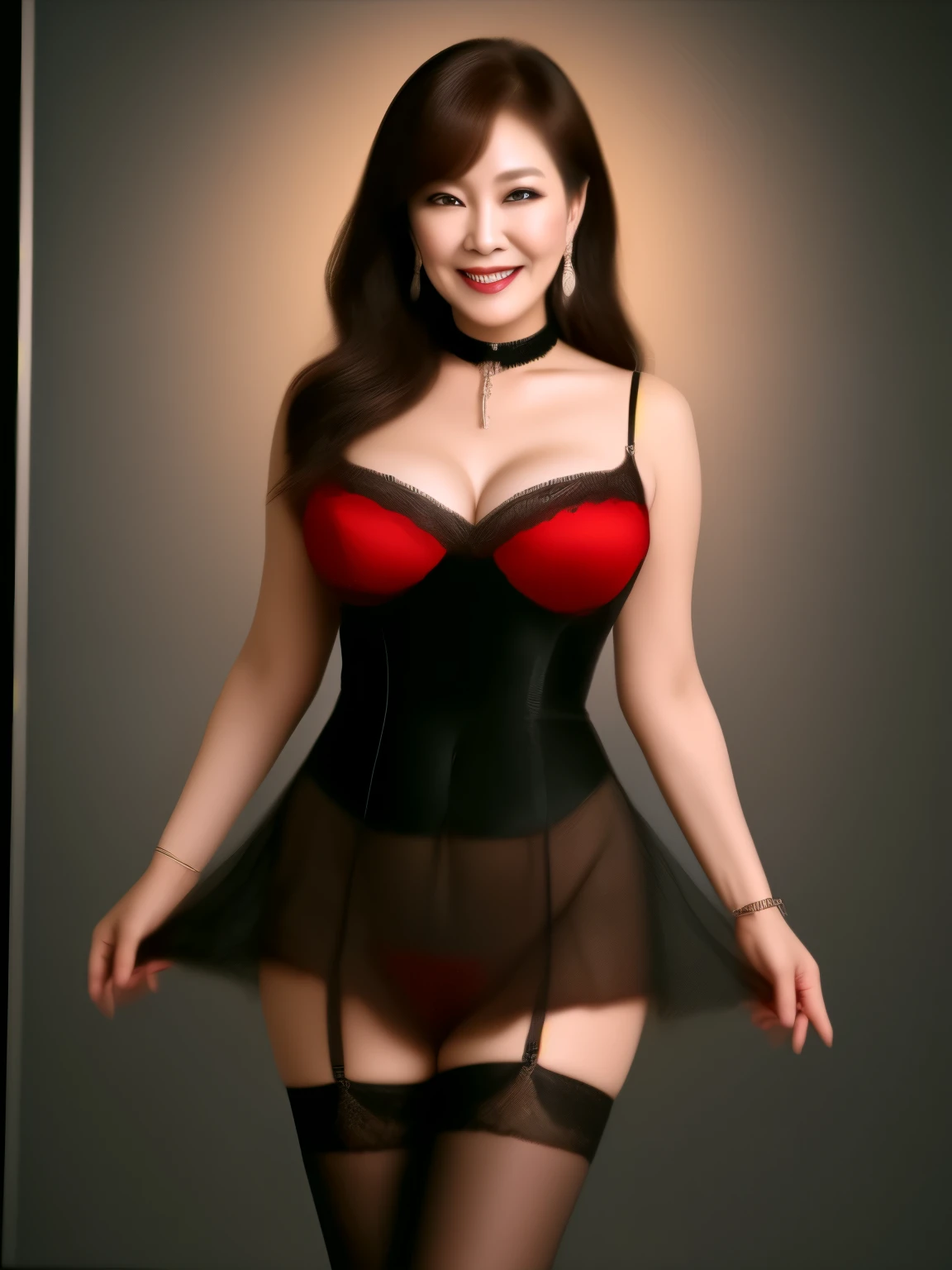 Masterpiece, highest quality, RAW, (Photorealistic stick: 1.2), sharp focus, (1 MILF), (Cowboy shot), bewitching woman, beautiful face, detailed face, perfect proportions, huge breasts, thin waist, navel, Big butt, crotch gap, thighs, double eyelids, eyelashes, lip gloss, (smiling: 1), (( closing eyes: 0.85)), ((looking at viewer)), (sexy lacework) Lingerie | Red), Relaxed Pose, Change Pose, (Dynamic Angle: 1.5),