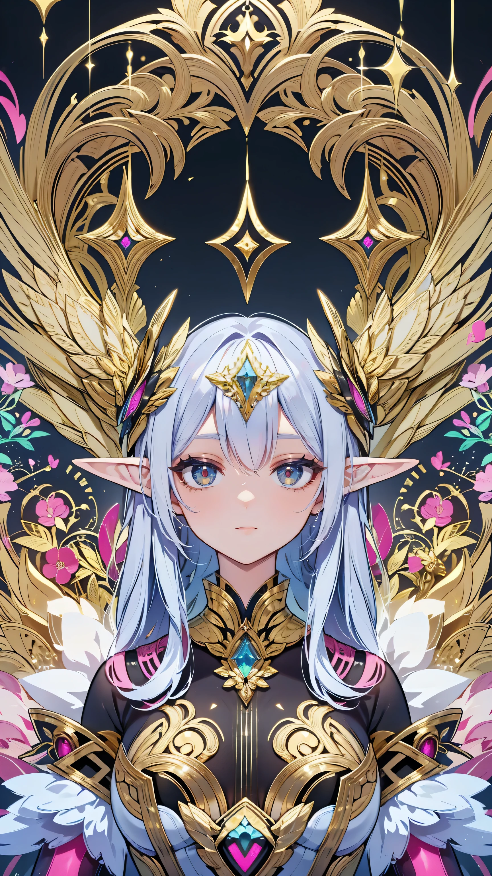 electronics, gold circuitry, gold wiring, buttons, mechanical parts, beautiful abstract ai model with elf ears, smooth shiny pink surface, pretty face, sexy, minimal, sleek, slender, asian, elegant, futuristic, retro, sophisticated, (half human half machine), big gold eyes, ornate gold border, gold metallic background, art nouveau
