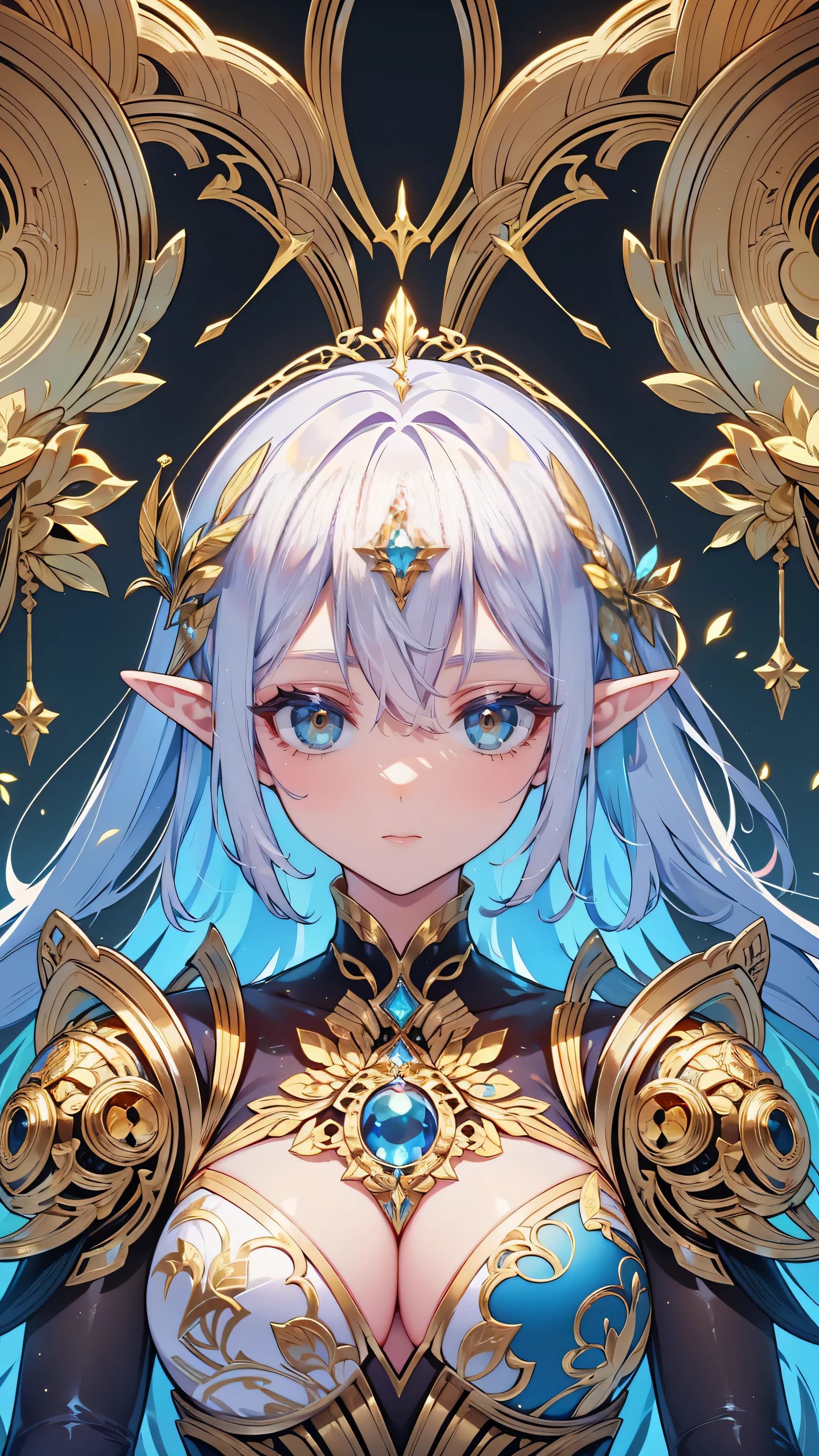 electronics, gold circuitry, gold wiring, buttons, mechanical parts, beautiful abstract ai model with elf ears, smooth shiny pink surface, pretty face, sexy, minimal, sleek, slender, asian, elegant, futuristic, retro, sophisticated, (half human half machine), big gold eyes, ornate gold border, gold metallic background, art nouveau