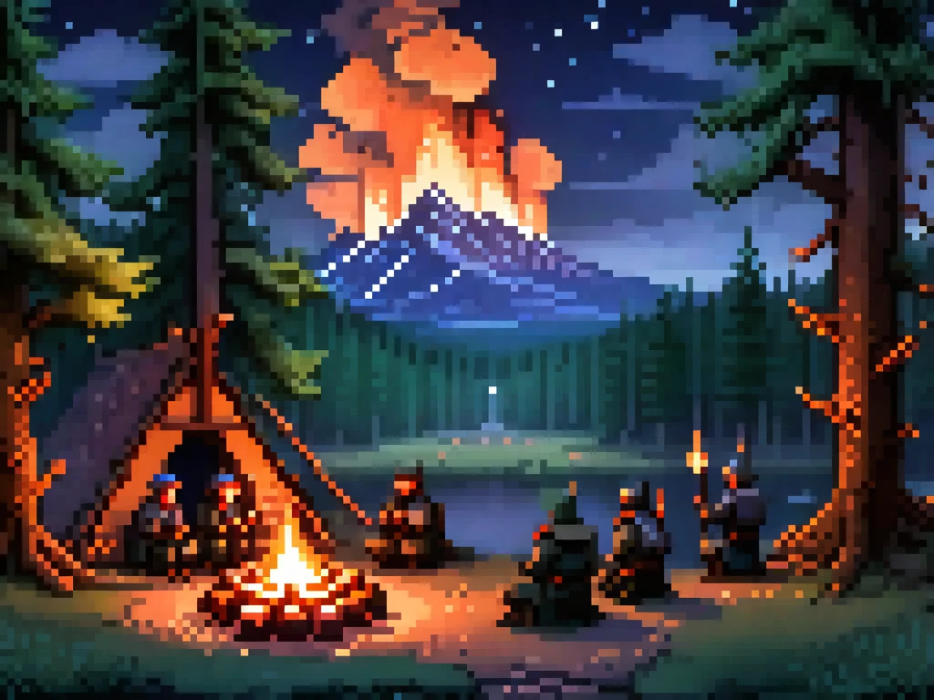 The image is a pixel art illustration of a group of people gathered around a campfire in a forest at night. The campfire is burning brightly in the center of the image, with a large orange glow emanating from it. The people are dressed in medieval-style clothing and are holding various weapons, including swords, spears, and shields. They are standing in front of a mountain range with a full moon in the background. The trees surrounding the campfire are tall and green, and the sky is dark with stars twinkling in the distance. The overall mood of the scene is peaceful and serene.

