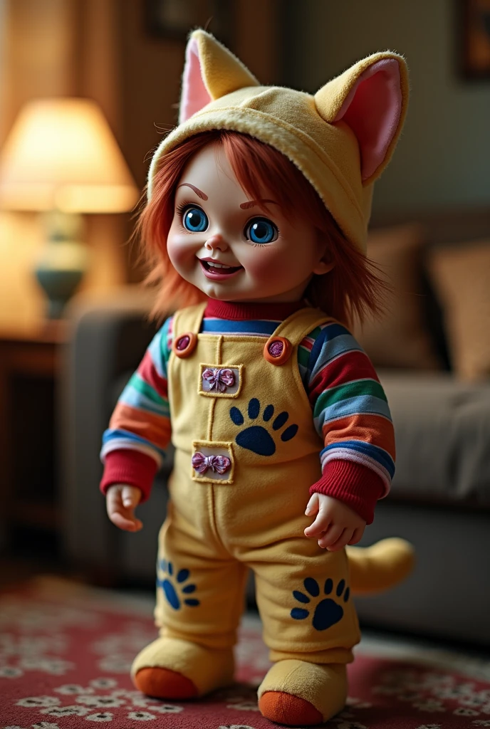 Chucky from the movie Child's Play holds a knife high