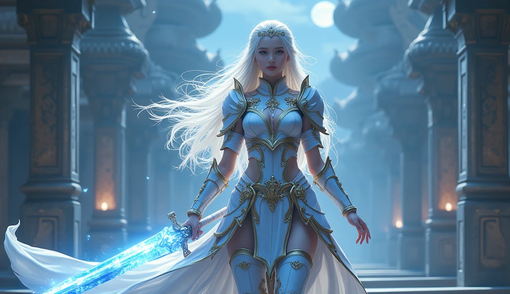 Professor Elowen Mistralight, a 25-year-old elf woman, medium height and delicate elf with silver hair, mysterious and penetrating light blue eyes, He wears a robe with patterns of wind and water, tight light blue fabric pants, long, with navy blue riding boots, the boots reach the knee, a magic wand and castle background, anime style. Individual image of her in full body. He is in action pose. Has one leg raised with the knee bent, His mouth is slightly open as if he had exercised a lot.. He has light skin. She has her hair down and blowing in the wind.. feminine and sexy body.