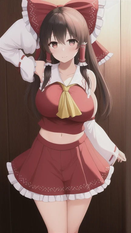 1gril,Hakurei reimu huge breasts, standing,Heart-shaped eyes Ahe facial expression Open mouth