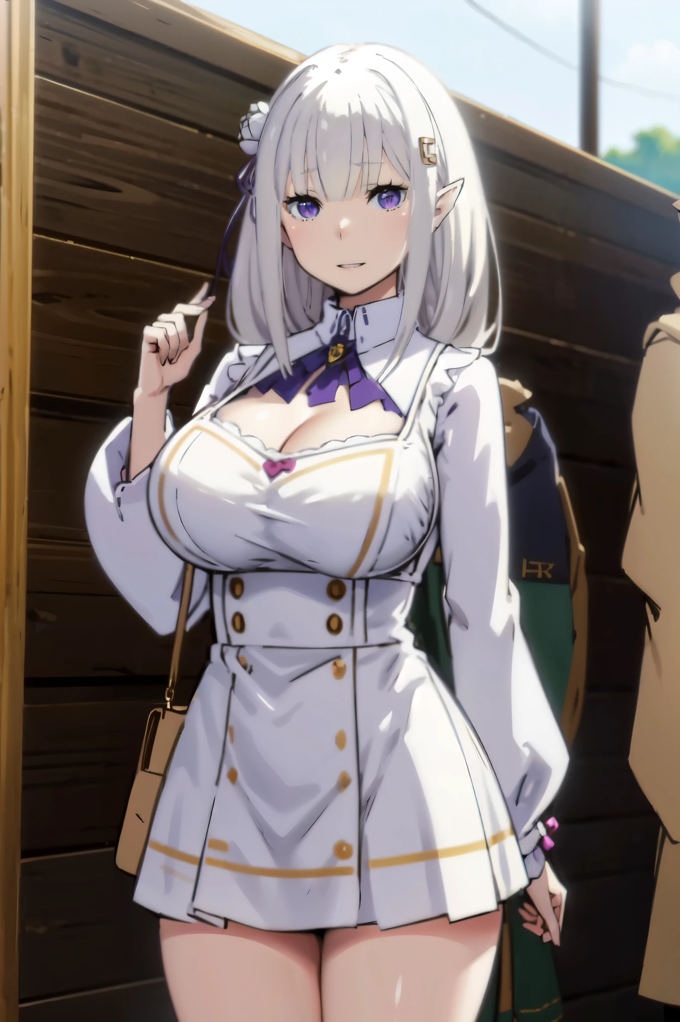 Blonde hair, big tits , ((white dress, short skirt)), (((thick))), busty, purple eyes, long Sleeve, elf ears, flower hairclip,  hairclip, long hair, silver hair, upperbody, smile, cleavage,legs, thigh, at beach