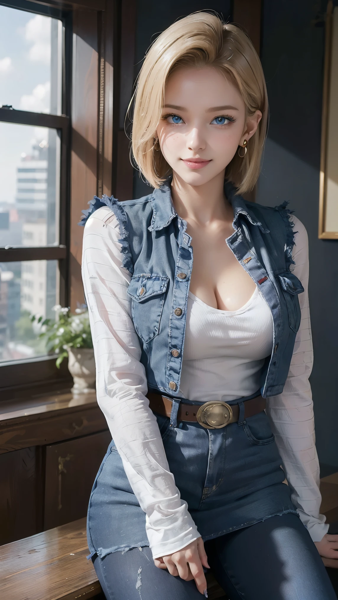 Android 18,(best qualityer,4K,8k,high resolution,work of art:1.2)(weather: cloudy), Mondstadt city background, market street, freckles, black top, striped sleeves, denim vest, denim skirt, pantyhose, brown boots, earrings, belt, short straight hair, blonde hair, ultra detailed, realistic,portraite,beautiful detailed blue eyes, glowing eyes,blush,beautiful detailed lips,extremely detailed eye and face, long eyelashes,sexly,average, large breasts,beaming smile, sexy smile,powerful girl, sexy pose, stunning curves,bright coloured,dramatic lighting,
