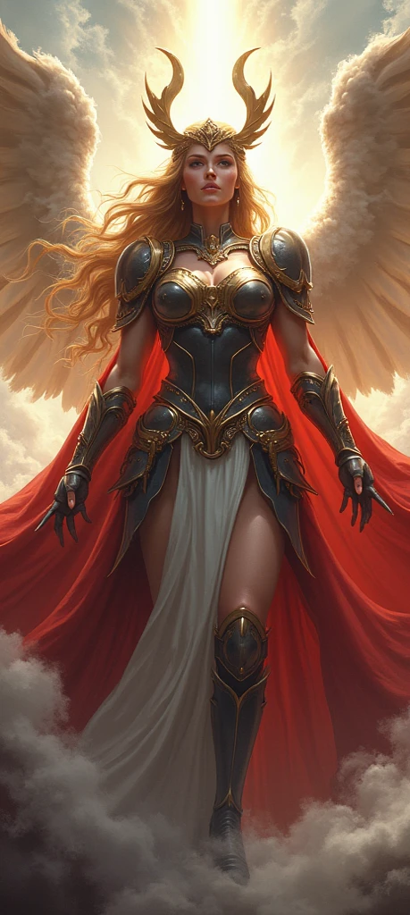 glorious victory scene,vivid colors,beautiful vintage warrior woman with very big white open wings,beautiful angry face,curly long hair,wielding 1 sword in defense position, white armor with gold embroid details, dynamic pose, storm sky and lightning clouds background
