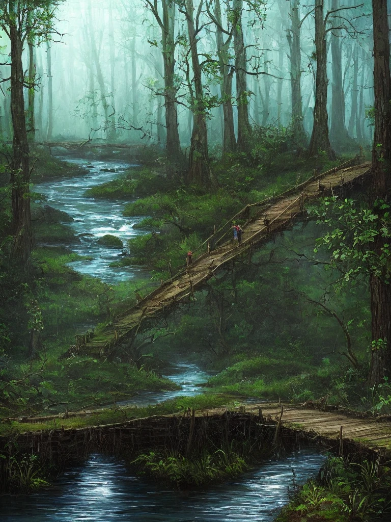 a precarious bridge in the middle of a swamp at night