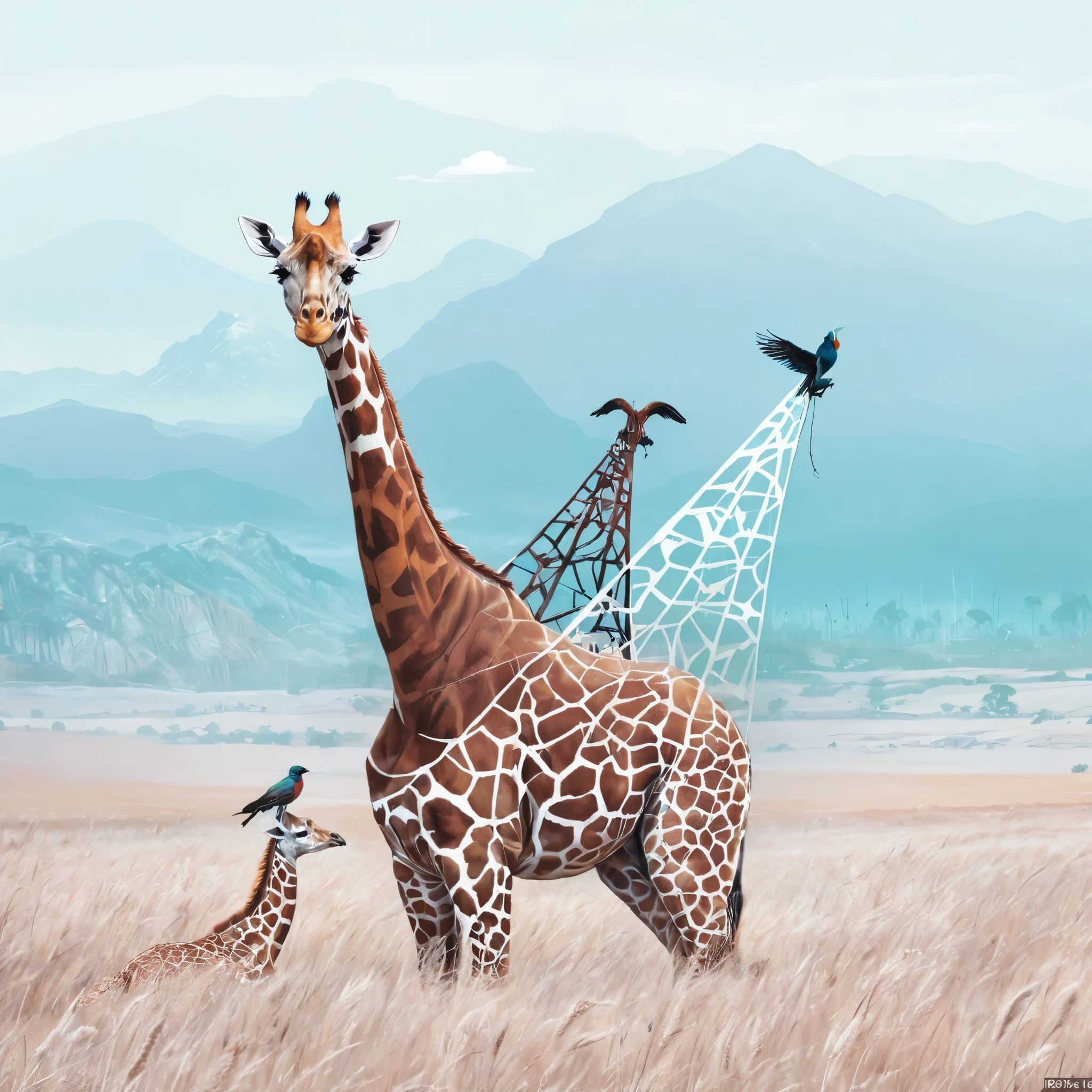 painting of a giraffe and two birds in a field, surreal hybrid animals, illustration in the golden ratio, beautiful painting of a tall, long necks, wildlife illustration, giraffes, digital art animal photo, giraffe army, by Joop Sanders, by Adam Marczyński, long neck, john banovich, by Simon Ushakov, highly detailed digital artwork