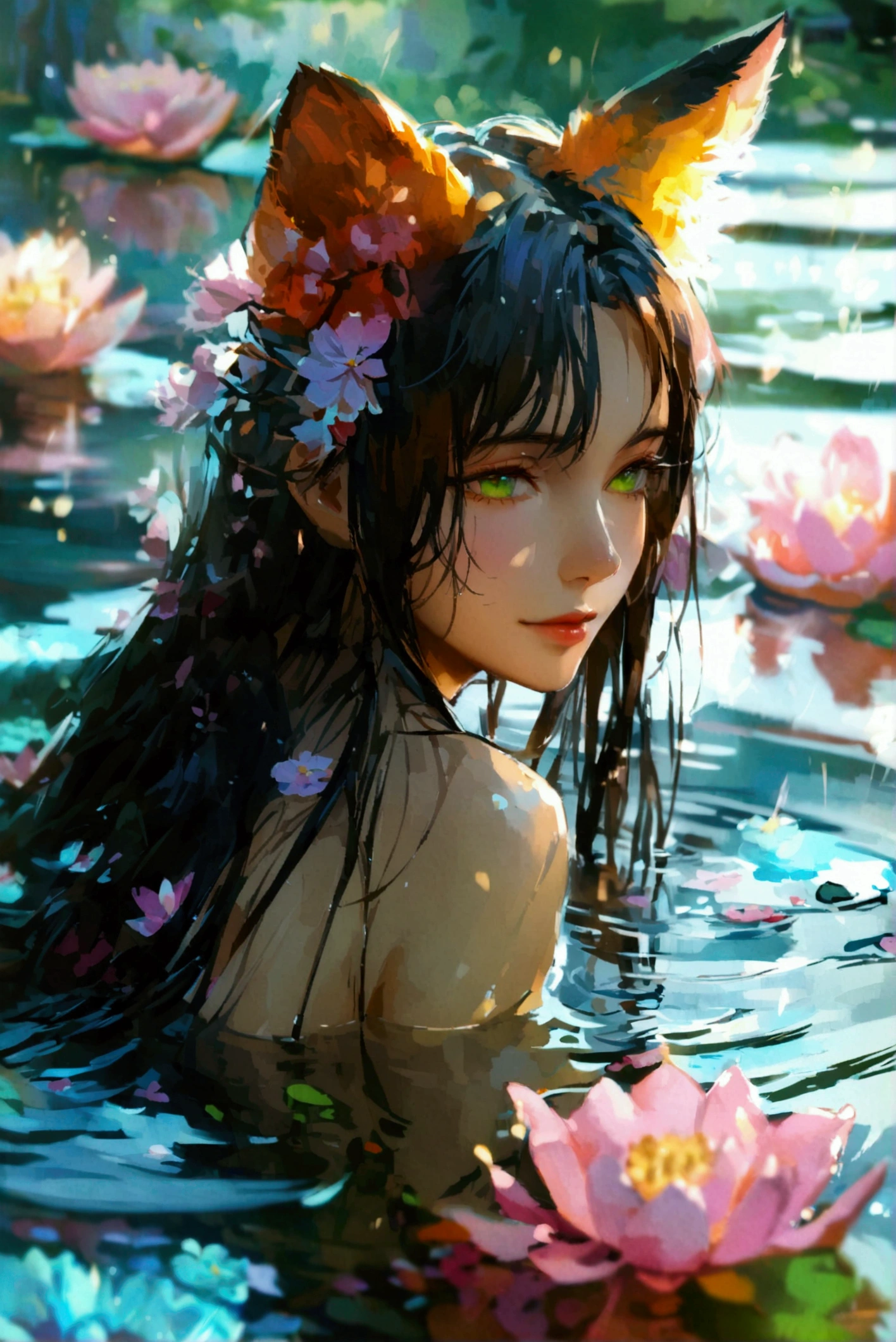 anime girl, naked, upper body, half-submerged, floating in water, long dark brown hair with purple highlights, hair spread out in water, fox ears, vibrant green eyes, serene expression, soft smile, surrounded by floating pink lotus flowers, clear reflective water, colorful reflections, pink and blue color scheme, ethereal glow, soft lighting, glowing petals, fantasy atmosphere, high detail, smooth shading, oil painting effect, fantasy art style, highly detailed background