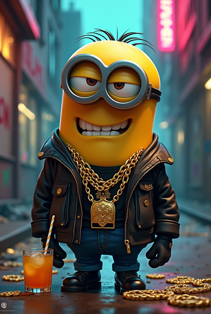 make a minion of my despicable me gangster and trapper with completely silver teeth and a big gold chain smoking lemon haze
