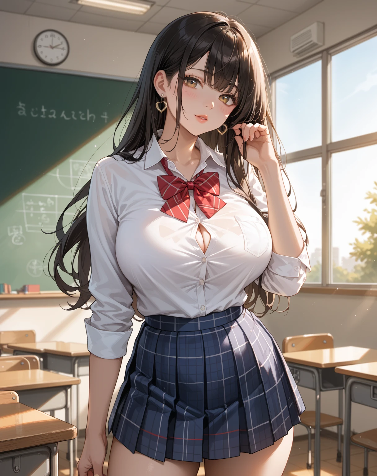 Cinema Lighting、Highest quality、Photo taken from outside the classroom、Girl in classroom、(Kitagawa.Marine)high school girl、Navy blue pleated skirt、Striped panties、、Spread your legs、Sweat、Super huge breasts、Stand near the window、Press your chest against the glass of the classroom window、