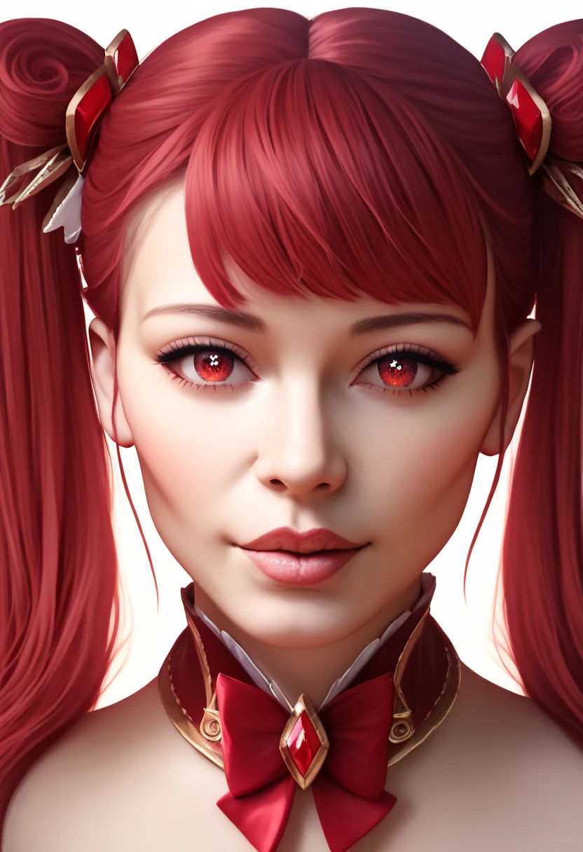 a young girl with long red hair, beautiful detailed eyes, beautiful detailed lips, extremely detailed face, longeyelashes, white background, cool, cute, flirty, twin tails, ribbon, (best quality,4K,8k, highres icon,masterpiece:1.2),ultra-detailed,(realistic,photorealistic,photo-realistic:1.37),illustration,vibrant colors,soft lighting,Overall,Red eyes,Red eyes 下半身も　(Illustration:0.8)