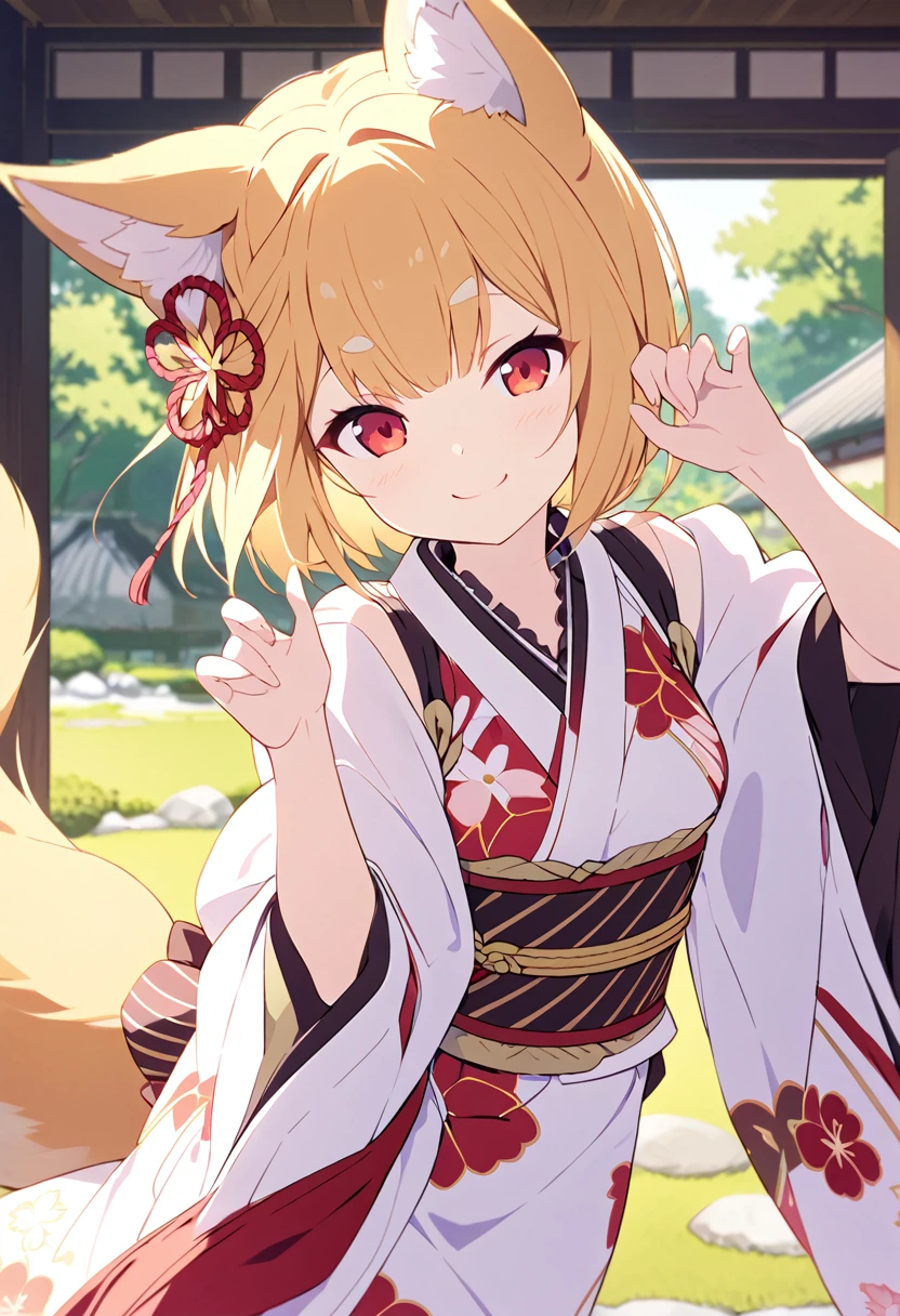  best quality、 very cute 、細身の体、 very small breasts、Fox ears and tail、Red eyes、yellow hair, hair that flutters like the wind、Old straw house、Japanese gardens、 Japanese Kimono、Fox pose、smile