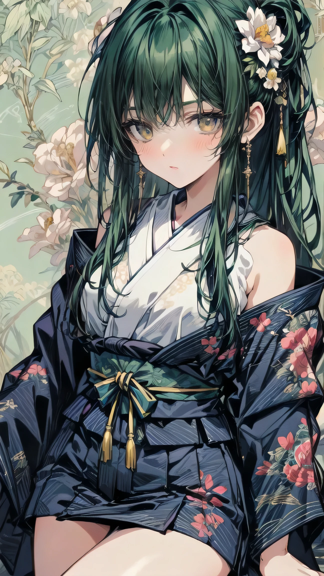 A mesmerizing surreal illustration of a young japanese woman. She has pastel green hair with blunt bangs, yellow eyes, and wears a vibrant pastel colored outfit adorned with intricate floral patterns. Freckles dot her smooth, warm complexion, and bold, colorful tattoos cover her arms and legs. The tattoos feature traditional Japanese motifs like flowers and mythical creatures, rendered with meticulous detail in a pastel color palette. The background is a vintage floral-patterned wallpaper that complements the artwork's colors. The line work is precise, with delicate shading that gives the illustration a 3D quality. The artwork fuses modern illustration techniques with traditional Japanese aesthetics, resulting in a visually striking, portrait,