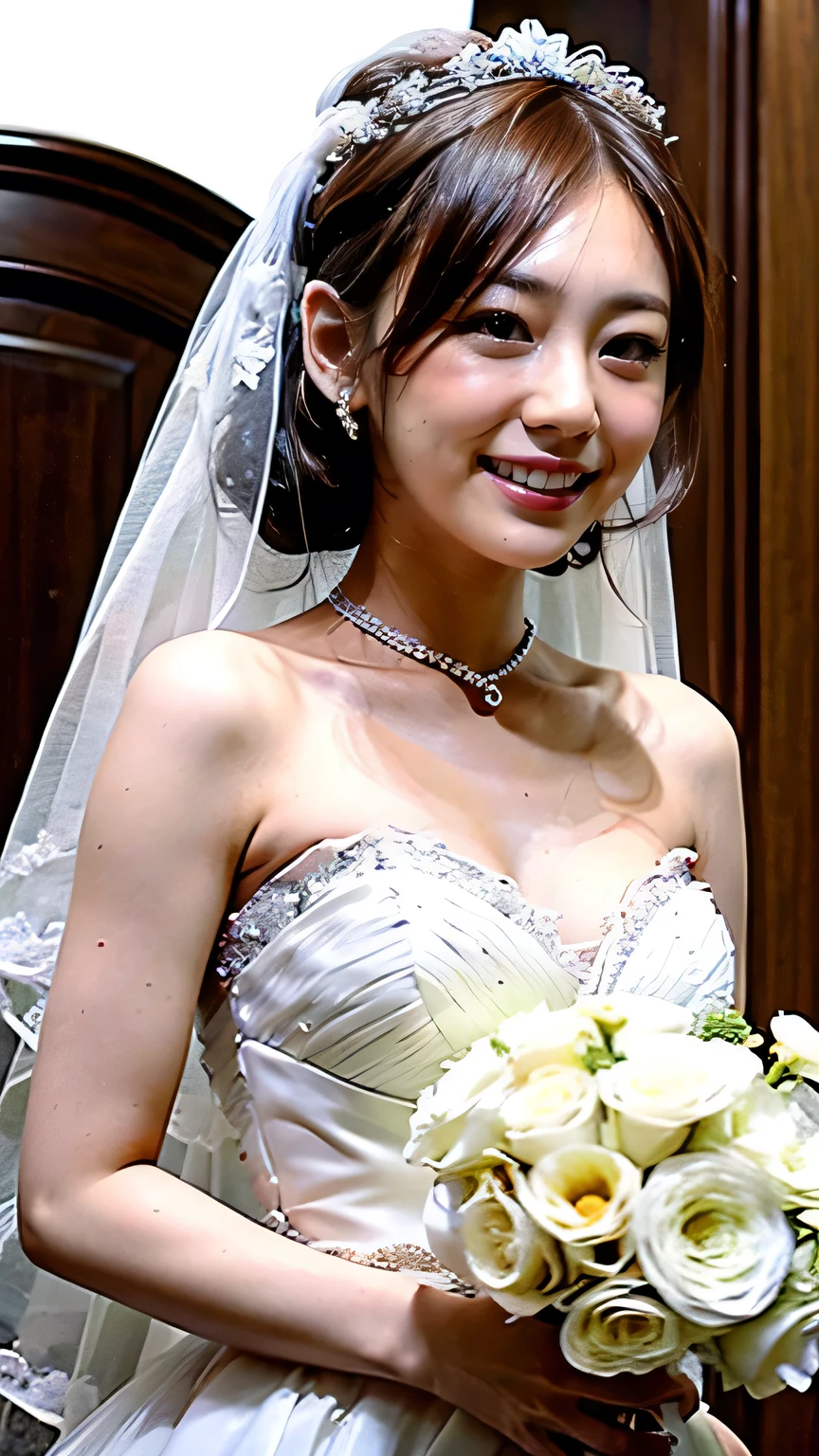 (8k、RAW Photos、Highest quality、masterpiece:1.2)、(Realistic、Realistic)、1 girl、((Wedding dress、Chapel、Short Bob、View from the front、smile、Look at the camera and smile、stand))、cute、Small breasts