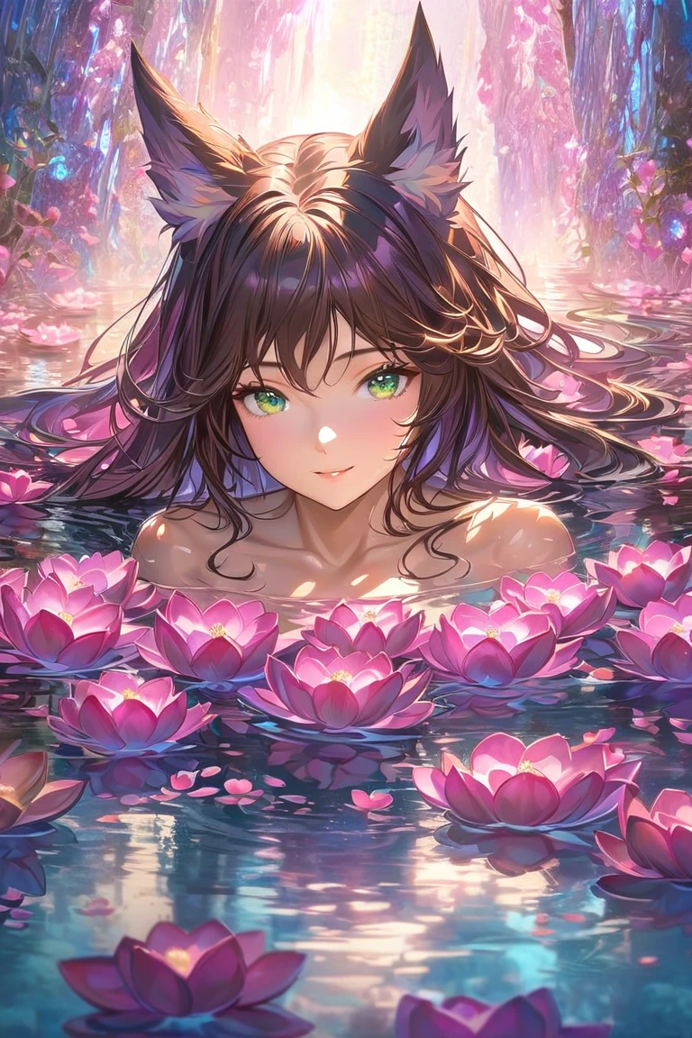 anime girl, naked, upper body, half-submerged, floating in water, long dark brown hair with purple highlights, hair spread out in water, fox ears, vibrant green eyes, serene expression, soft smile, surrounded by floating pink lotus flowers, clear reflective water, colorful reflections, pink and blue color scheme, ethereal glow, soft lighting, glowing petals, fantasy atmosphere, high detail, smooth shading, oil painting effect, fantasy art style, highly detailed background