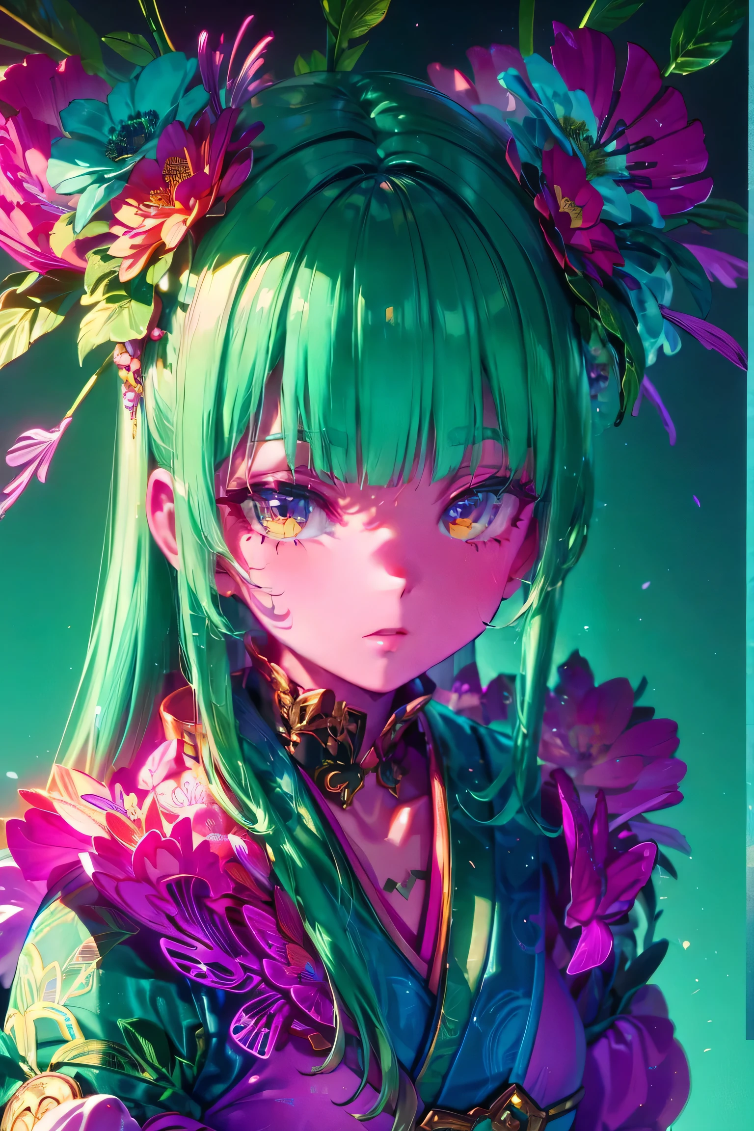 A mesmerizing surreal illustration of a young japanese woman. She has pastel green hair with blunt bangs, yellow eyes, and wears a vibrant pastel colored outfit adorned with intricate floral patterns. Freckles dot her smooth, warm complexion, and bold, colorful tattoos cover her arms and legs. The tattoos feature traditional Japanese motifs like flowers and mythical creatures, rendered with meticulous detail in a pastel color palette. The background is a vintage floral-patterned wallpaper that complements the artwork's colors. The line work is precise, with delicate shading that gives the illustration a 3D quality. The artwork fuses modern illustration techniques with traditional Japanese aesthetics, resulting in a visually striking, portrait,