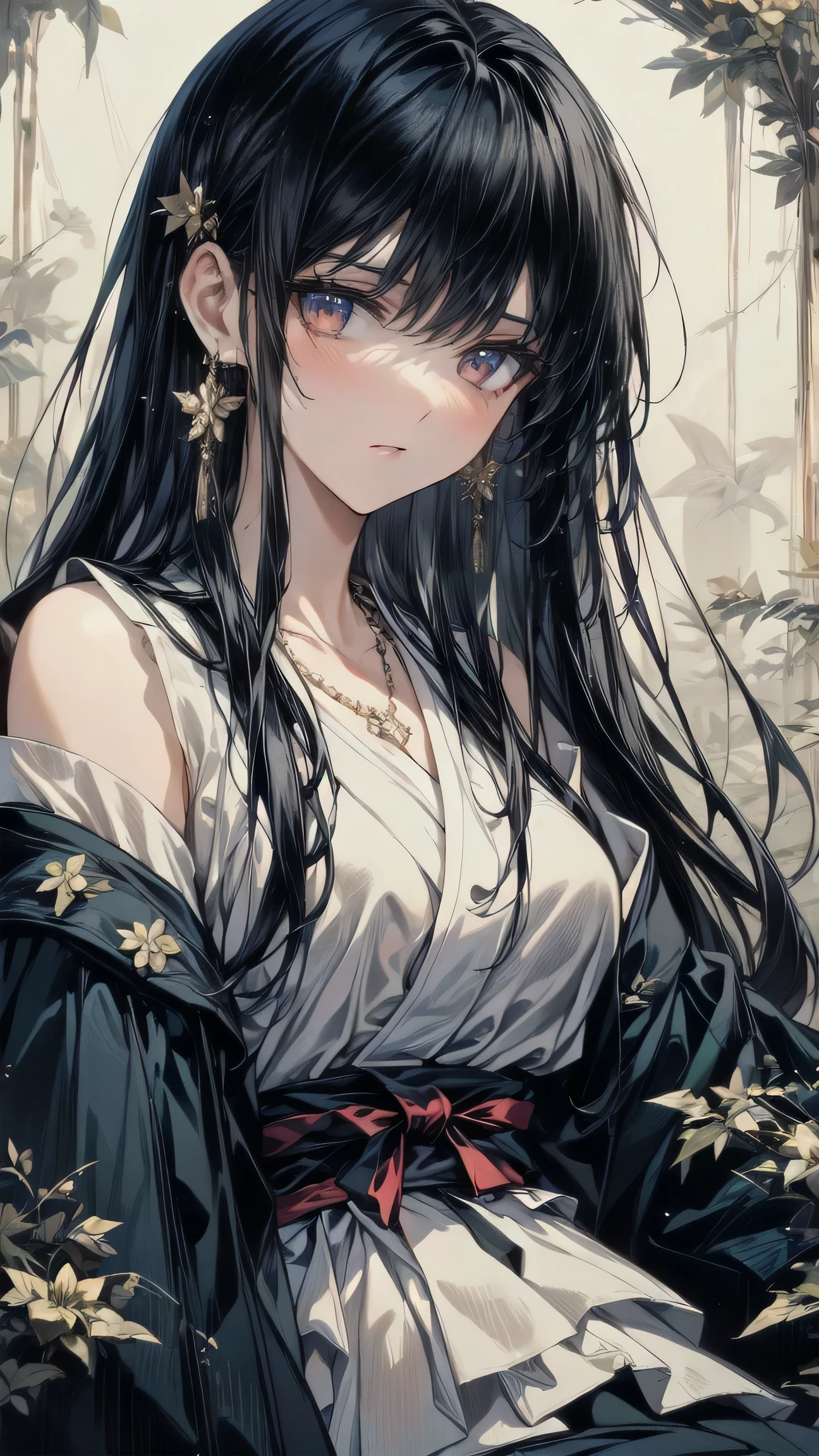 From a collage that mixes retro elements、Create dramatic contemporary digital art portraits。, Surrealism, And vintage aesthetics, Focus on intricate details、It depicts a beautiful japanese woman, full body in a relaxed pose with a dramatic, neutral expression, Detailed Hand,Long hair fluttering in the wind、Earrings、necklace、Pale color gradation