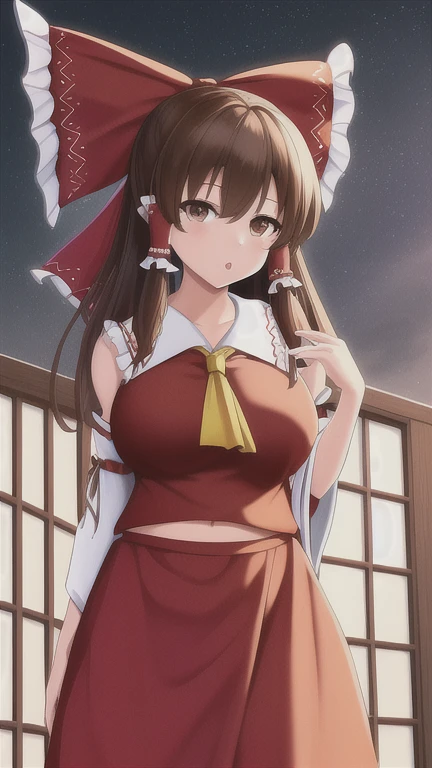 1 Girl,Reimu Hakurei ,Reimu Hakurei, Reimu Hakurei, ( Brown Eyes :1.5), Brown Hair, Hair Tube,  long hair,  red ribbon ,  side lock, Non-traditional shrine maidens, ,  best quality,  high definition ,  Unity 8k Wallpaper(shape:0.8), ( beautiful attention to detail:1.6),  high definition の顔, the anime one, The picture is seen from the front ,  perfect lighting very detailed CG, Big Breasts ,  standing, Heart-shaped Eyes Open Her Face and Mouth,