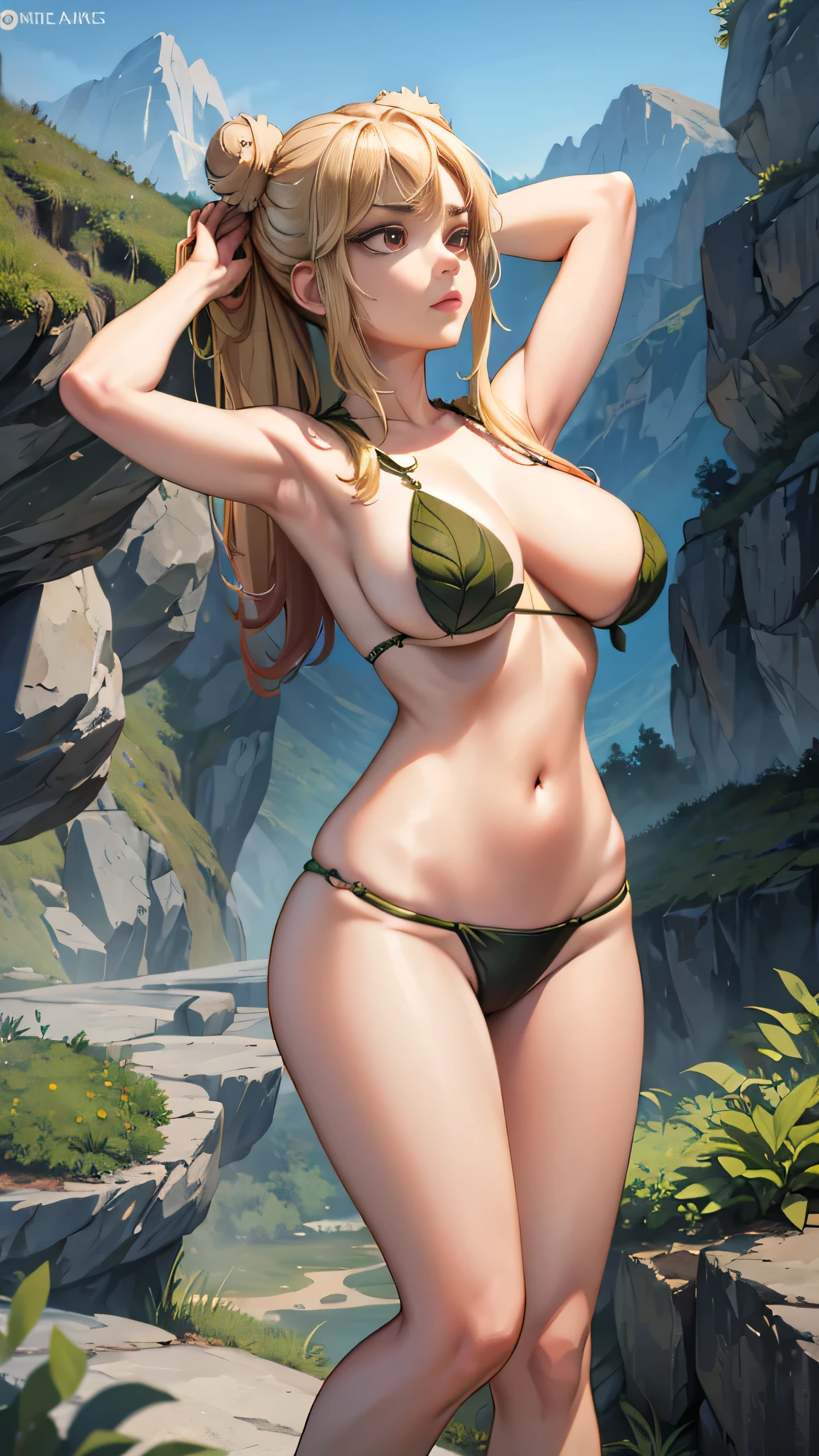 (masterpiece), best quality, expressive eyes, perfect face, 1girl, solo, tomboy, mature female, big breasts, long hair, Cleavage, blonde hair BREAK hair buns, double buns, red eyes BREAK leaf bikini, :/, glaring, arms up, arms behind head, standing, mountains, rocky landscape, rocks, wasteland, bare legs