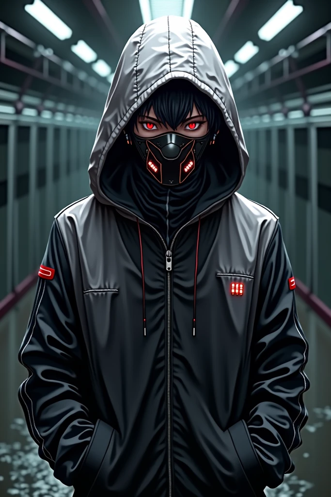 "Epic dark city rain storm atmosphere, stunning 4k artwork featuring a confident mature man with short modern style center split glowing black hair. His red eyes and glow in the dark. he was wearing a black sect coat with hood and mask. He was the leader of a heretical sect"