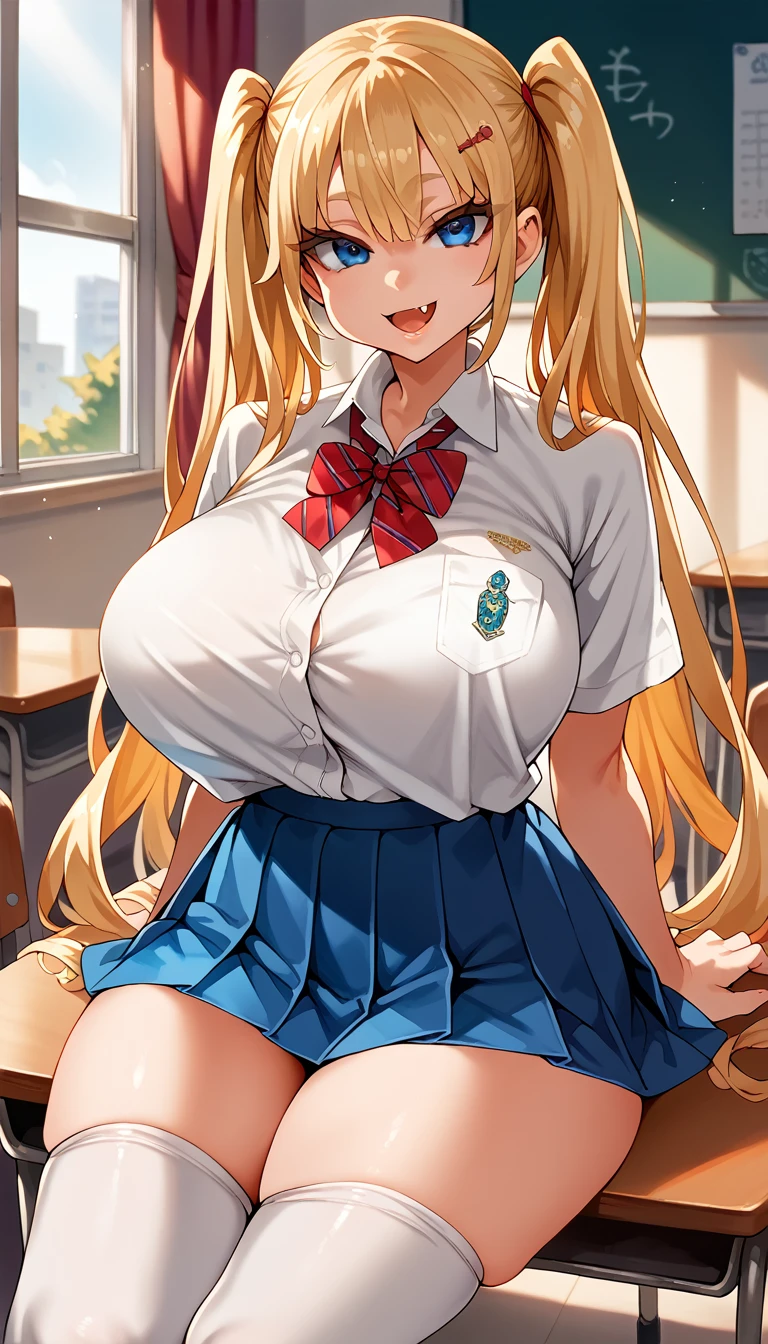 score_9,score_8_up,score_7_up,score_6_up,score_5_up,score_4_up,(source_anime),1girl,solo,long hair,breasts,looking at viewer,smile,open mouth,blue eyes,skirt,blonde hair,shirt,thighhighs,twintails,very long hair,school uniform,thighs,pleated skirt,fang,huge breasts,white thighhighs,blue skirt,skindentation,thick thighs,tented shirt,colored eyelashes,school,