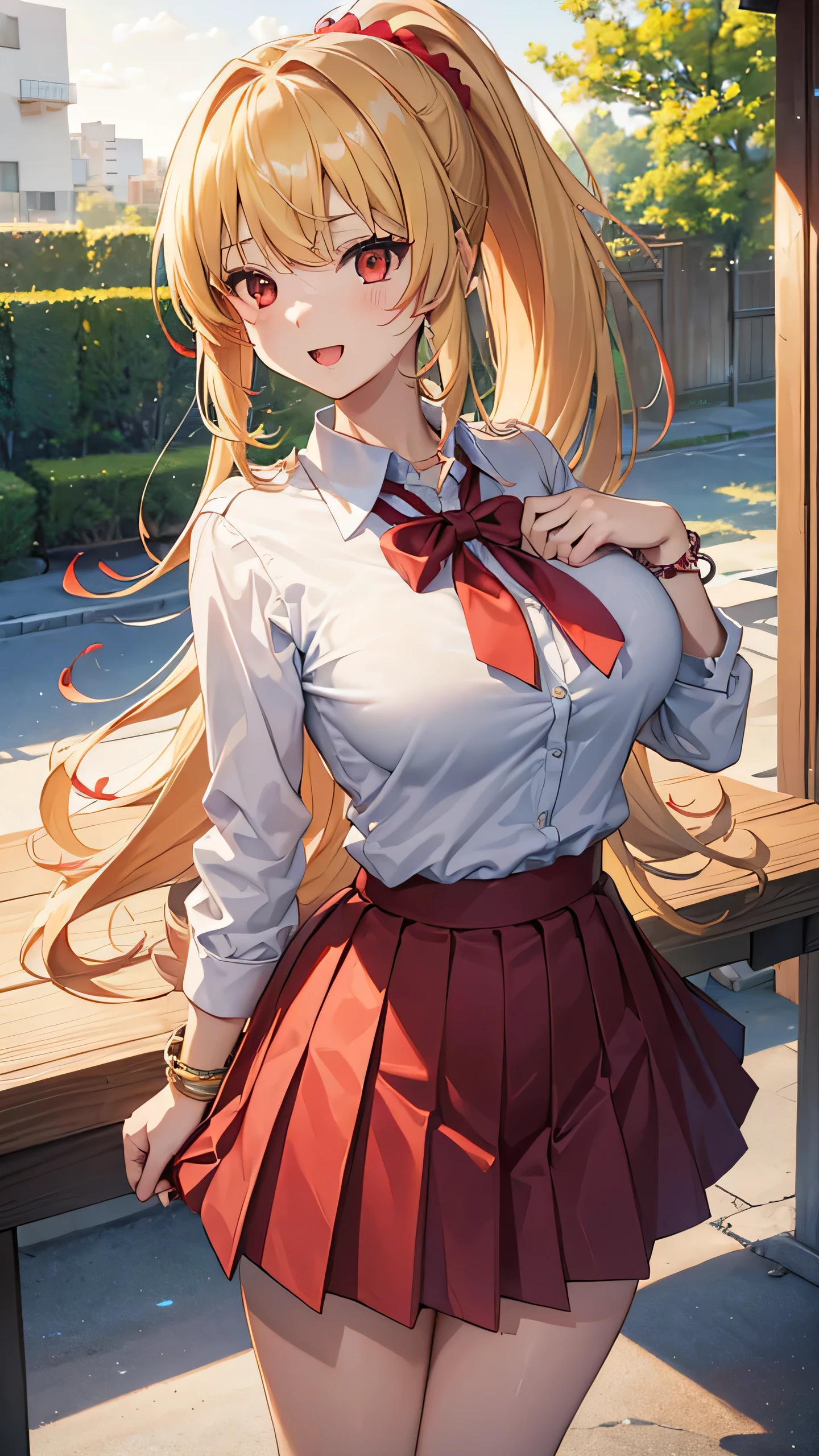 (highest quality: 1.2, Highly detailed, Latest, Vibrant, Super detail, Ultra-high resolution, High contrast, masterpiece: 1.2, highest quality, Best aesthetics, aya:0.9), alone, (1 woman), /( teacher/ ), (teacher), long hair, blonde hair, (red eyes: 1.3), long hair with brown highlights, thighs, skirt, sexy, cleavage, painted nails, belt, thighs with tights, glasses, classroom, shake hands welcome, pink lips, heels, red dress, sexy thigh, detailed leg, dynamic angle, random pause, highly detailed face and skin texture, cowboy shot,