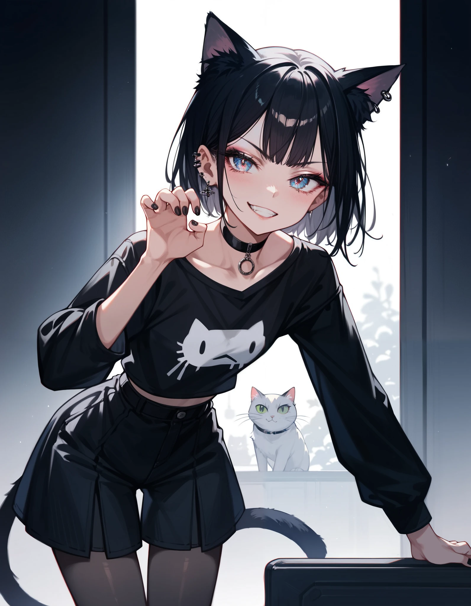 Anime girl with black hair and a cat shirt posing for a picture - SeaArt AI
