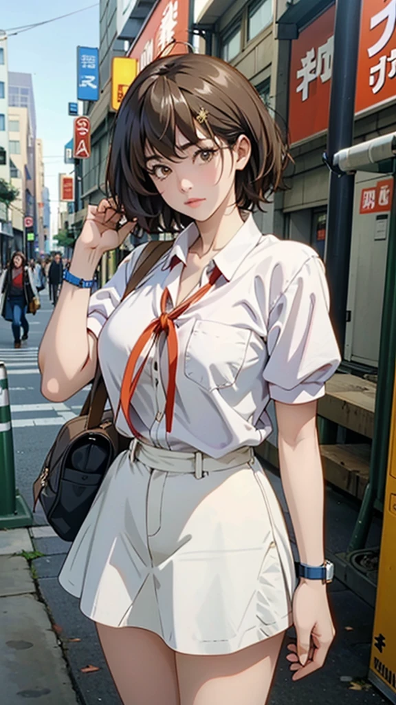 (( best quality)), ((masterpiece)), (  Details),  The heroine, a girl standing in a corner of the city while maintaining a realistic texture 。She's  、 has short black hair and big eyes 、 has a slightly sad expression 。 Clothes are casual white shirt and denim skirt with red sneakers 。 her background is an old brick cityscape and an alley after the rain、 dramatic depicts the sky at dusk 。 anime-style illustrations that emphasize emotional movements with a delicate touch 。While maintaining a realistic texture 、 visual finished in warm colors 。