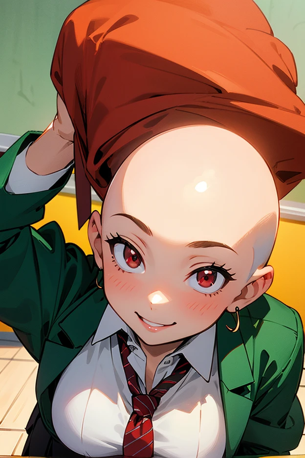  {{{ masterpiece, school classroom background}}}, {{{{{{{{bald}}}}}}}}, {{{red eyes, big breasts, green jacket, white shirt, red tie, black skirt, school uniform, upper body}}}, {{{natural light, HDR, simple details CG}}}, {light smile, lips}, Tomo Aizawa, hand on head