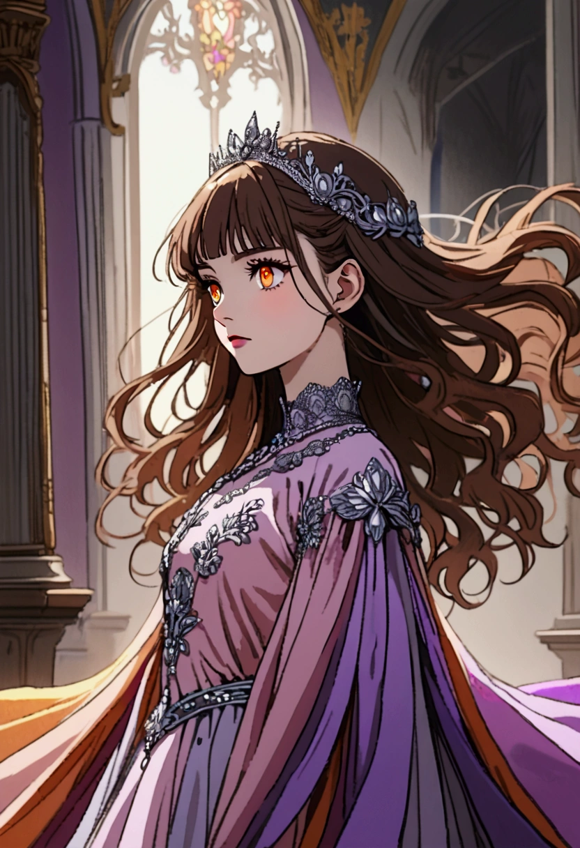 a beautiful young woman with long brown hair,bangs, orange eyes, pale purple dress with silver accents, dignified, royalty, princess, solo.