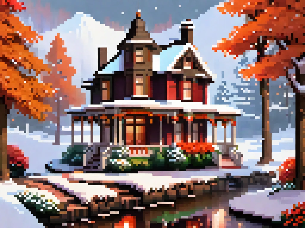 he image is a digital illustration of a beautiful Victorian-style house in a snowy forest. The house is a two-story building with a turret on the top and a chimney on the right side. It is covered in snow and has multiple windows and balconies. The exterior of the house is decorated with colorful flowers and garlands, giving it a festive and cozy look.

The house is surrounded by trees with orange and red leaves, and there is a small waterfall cascading down the right wall of the building. The sky is overcast and the overall mood of the image is peaceful and serene. The overall color palette is warm and inviting, with shades of brown, orange, and red, creating a cozy and wintery atmosphere.