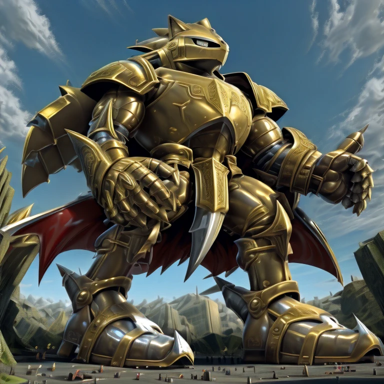 - Excalibur Sonic. Golden Armor. The whole body is golden.
- Excalibur Sonic fused with an Extra latex Muscle Suit.
- masterpiece. official art. 8k. best quality. detailed full body. full body.
- no face. wearing a full-face helmet.
- An arrogant expression. smile at the corner of your mouth.
- He with 4 arms.
- large muscles,  big muscle, huge muscles,  massive muscles, bulk up.
- focus GIANT Excalibur Sonic is trampling the city. Looking down. macro. stomp. Low-angle perspective. emphasizing the immense size. He has long legs.
- The nails are sharp. The nails are gold. There are five fingers.
- The toenails are sharp. The toenails are gold. There are five toes.

(Excalibur Sonic, golden armor, helmet, no face, holding, red cape, upturned and pointy shoes)