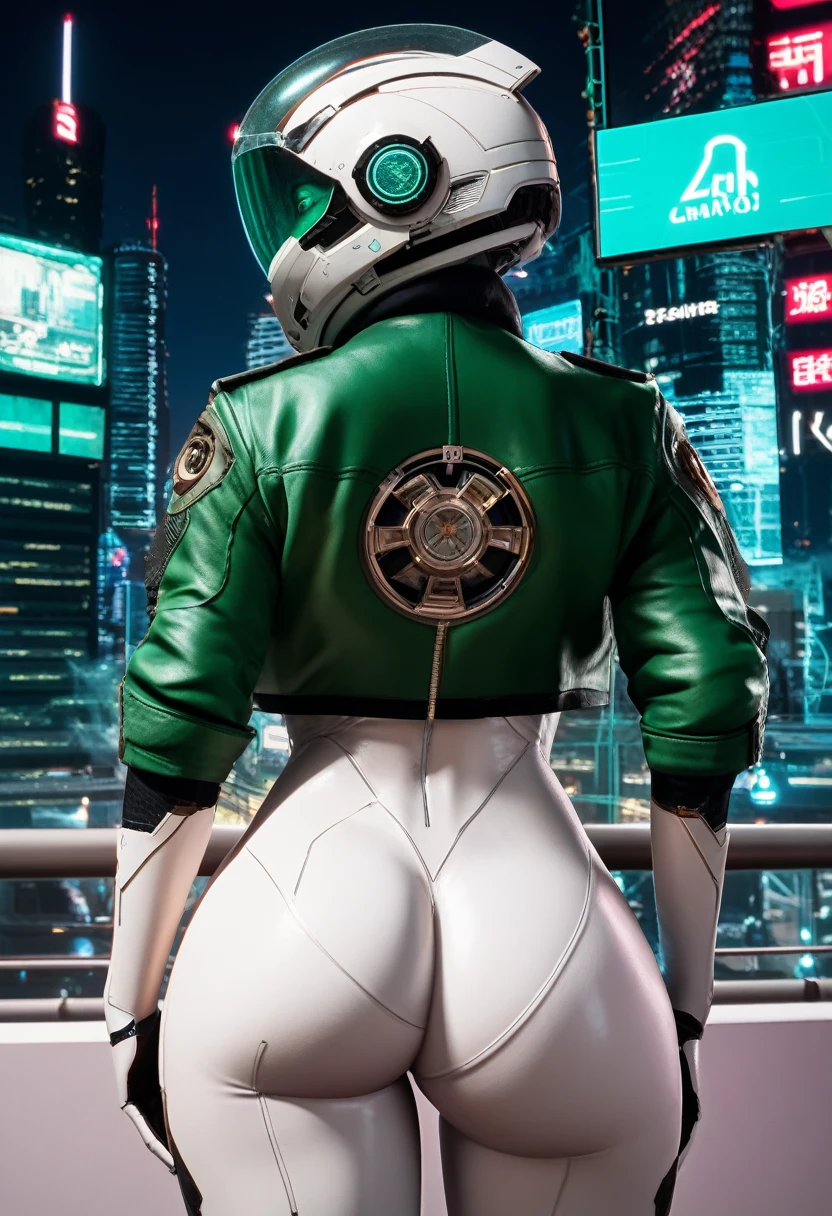 1girl,solo,futuristic city background,cowboy shot,ruanyi0812,white bodysuit,white body,skin tight,sci-fi,green jacket,green jacket,green jacket,open jacket,back,glass helmet,ass,score_9,score_8_up,score_7_up,,8k,1girl,solo,big ass,realistic image,3d,sharp eyes,realistic eyes,front, big breasts, sensual body.