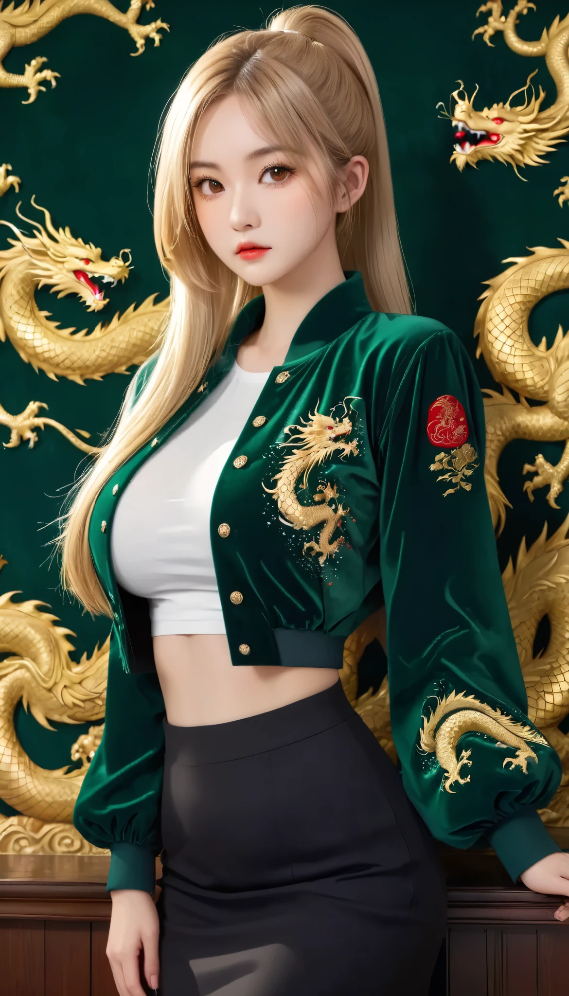 light particles, soft lighting, volumetric lighting, intricate details, finely detailed,1girl, solo, office worker, full body shot, (nudity:1.1), (beautiful medium and ample breasts:1.5) and a huge waist,blonde hair, long hair, high ponytail,red eyes, long eyelashes, thick eyelashes, looking at viewer, (dark green velvet fabric jaket, white shirt, black skirt:1.2), jacket with a snow and golden dragon, Long skirt of deep red velvet fabric, puffy sleeves, juliet sleeves, (long sleeves:1.2), Banner with a snow and golden dragon embroidery、、,gorgeous tapestry wallpaper, from side, guns on the wall