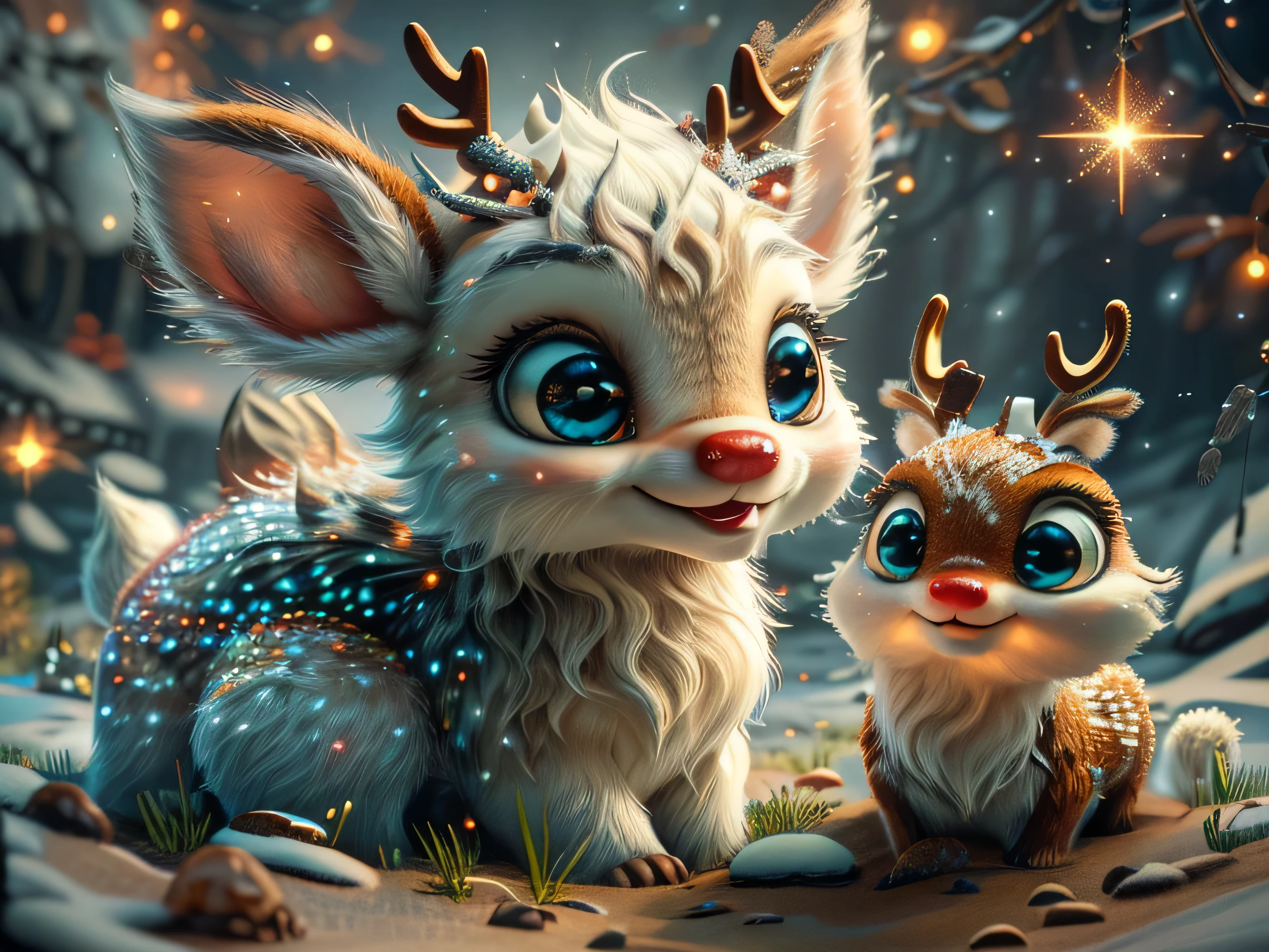 Magical Fantasy Creature, (Best Quality, Masterpiece, Representative Work, Official Art, Professional, Super Detailed, 8k:1.3), (Photorealism:1.2) Super Cute, Big Eyes, Soft, Soft Nose, Fluffy, Double-Toothed Smile, Aurorastyle, Highly detailed Dynamic shot of majestic adorable baby reindeer, high quality, beautiful masterpiece, fantasy creature, kawaii, digital art, glowing sparkles, Realistic, Beautiful, Stars in Eyes, Soft Volumetric Light, (Backlight:1.3), (Cinematic:1.2), Intricate Details, (ArtStation:1.3), --auto --s2