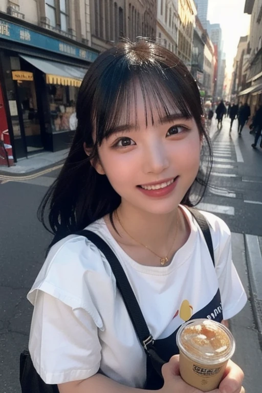 Candid photo of yurayura_yuuura,  with captivating
eyes, smiling amidst a bustling city, upper body
framing, in a street photography setting, golden hour
lighting:1.3), shot at eye level, on a Fujifilm X-T4
with a 50mm lens, in the style of Alfred Stieglitz
